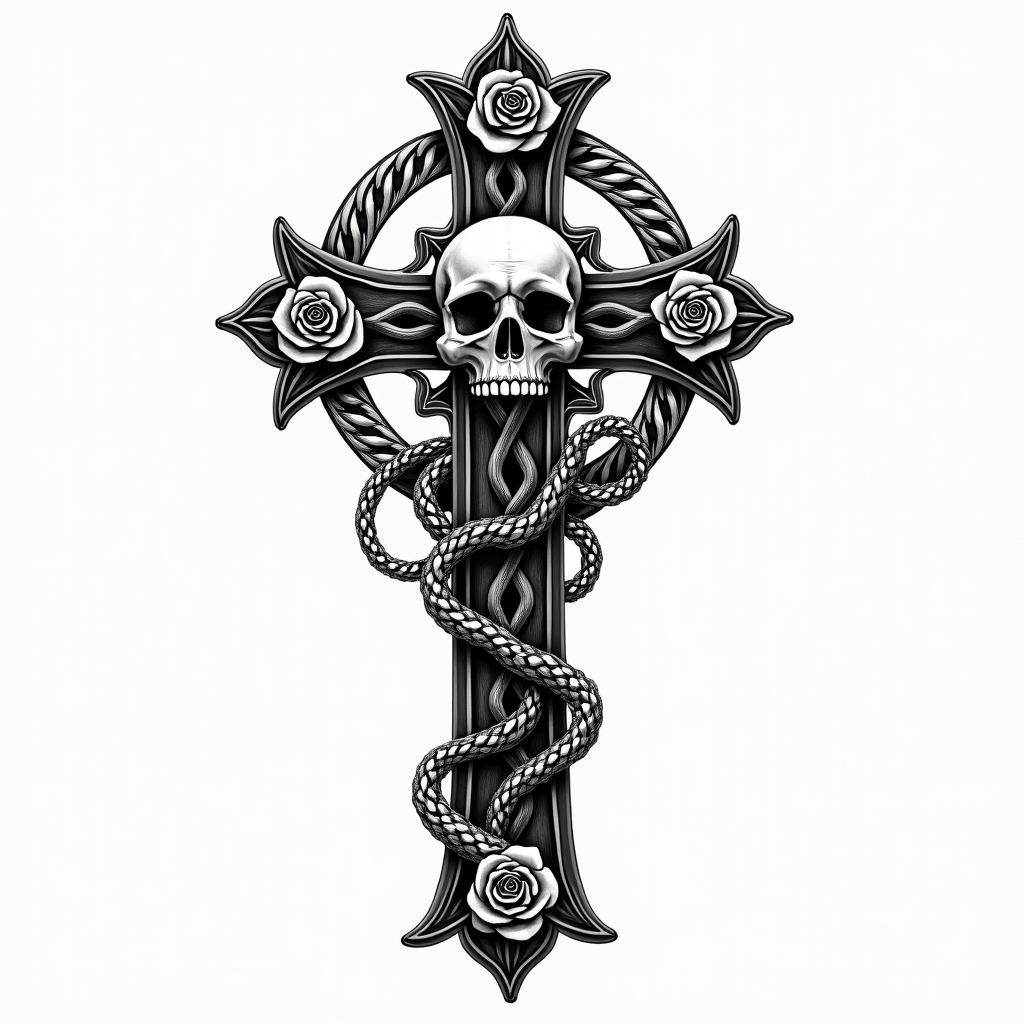 Celtic knotin chicano style tattoo, featuring intricate black and grey shading, bold elements of traditional chicano culture symbols, add a big cross with skull, chains and roses