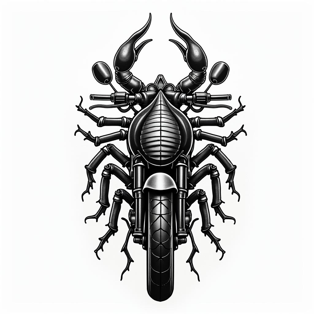 Scorpio motorcycle hvacin authentic tattoo style, incorporating traditional modifications, bold black outlines, solid color fills, featuring classic authentic elements - Variation 2