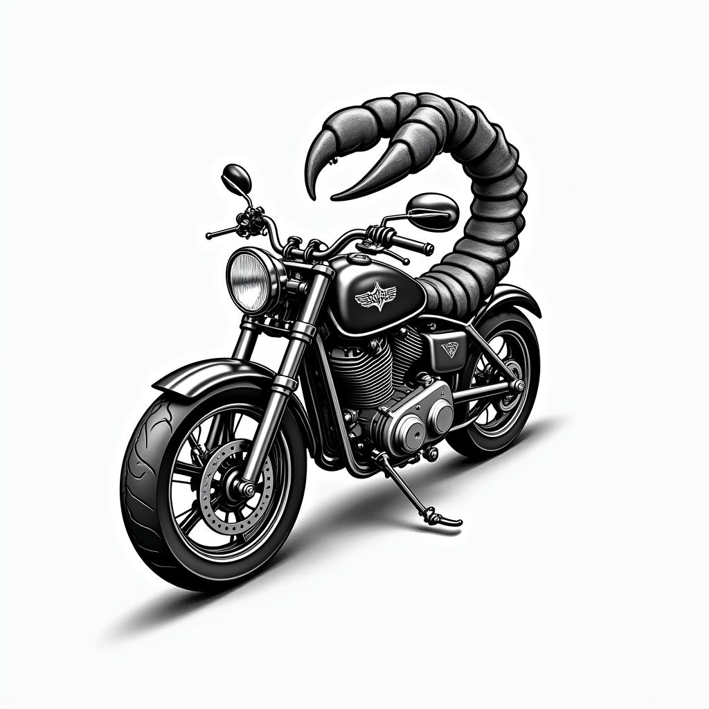 Scorpio motorcycle hvacin authentic tattoo style, incorporating traditional modifications, bold black outlines, solid color fills, featuring classic authentic elements - Variation 3