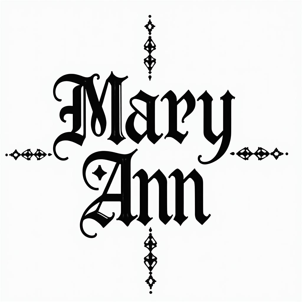Mary Anntext-based tattoo, japanese font ultra-realistic, perfectly placed, high-quality font design, photo-realistic shading, 8k, high quality, finely detailed typograph