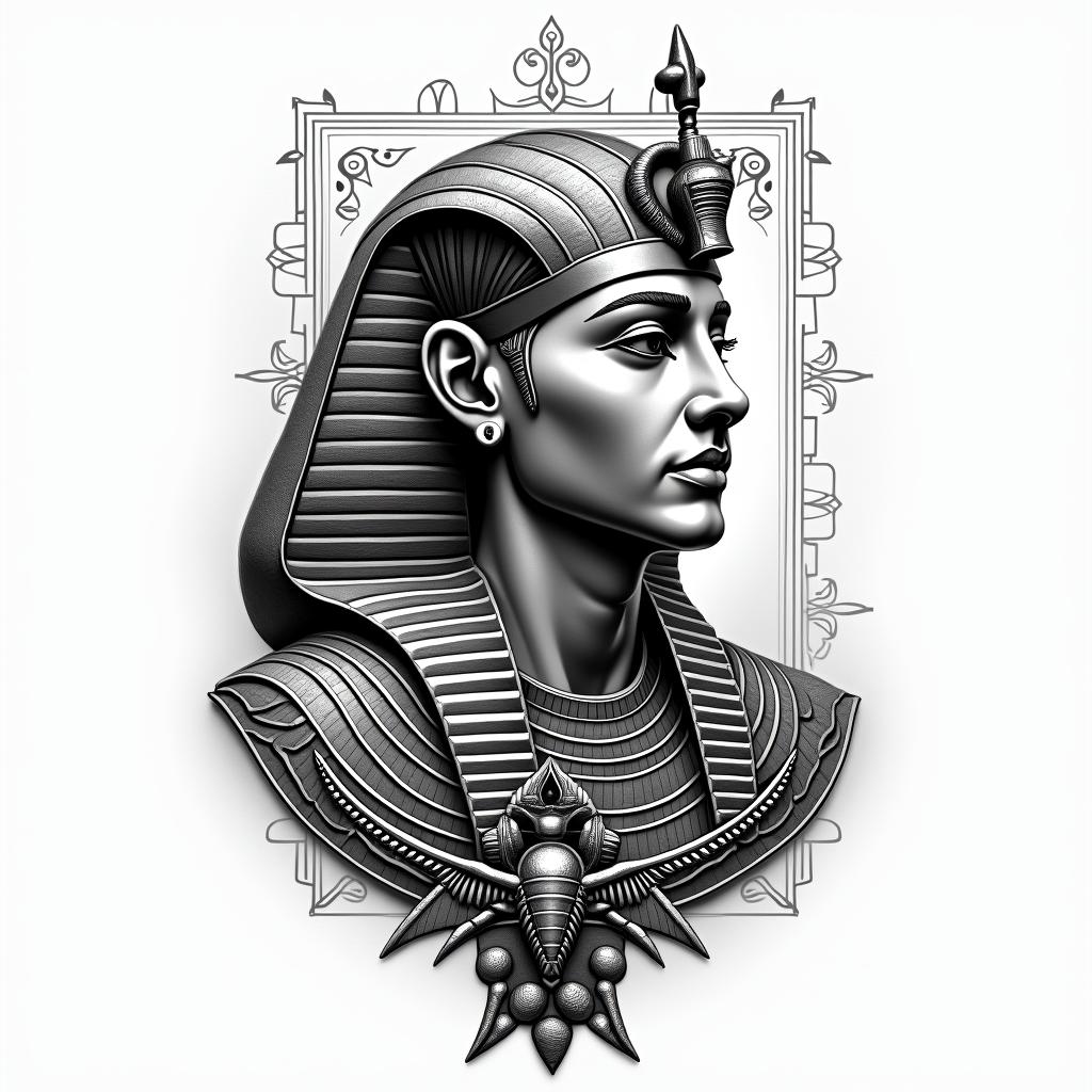 Celtic knotin egyptian style tattoo, bold elements of ancient egyptian culture including a portrait of an Egyptian pharaoh with detailed facial features, in hieroglyphs and symbolic imagery, eye of horus, ankh symbol, scarab beetle - Variation 3