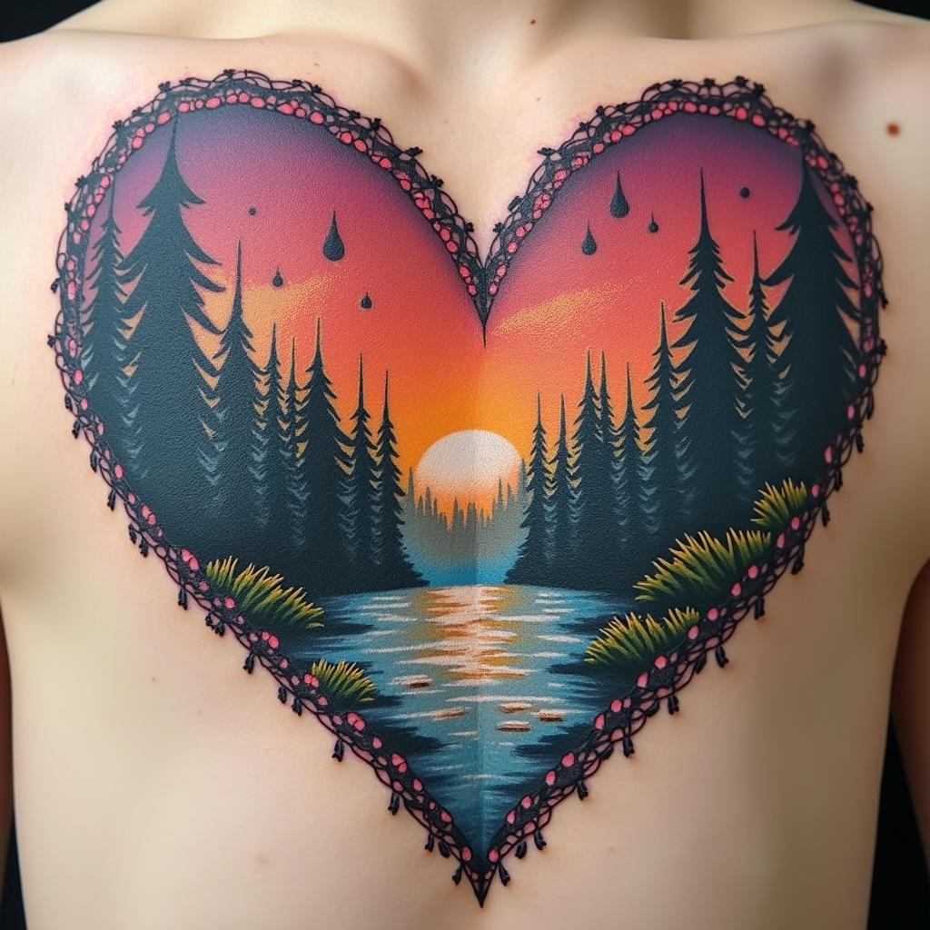 A striking Nordic-inspired tattoo featuring River's name, symbolizing resilience and unity. Incorporate a vibrant river depicting life, a warrior symbol for Chandler, a bright ruby for Abigail, a musical note for Sailor's love of singing, an autism infinity for David, and a colorful brilliance element for the youngest son. The design should express love and strength with a modern twist and vivid colors.undefined