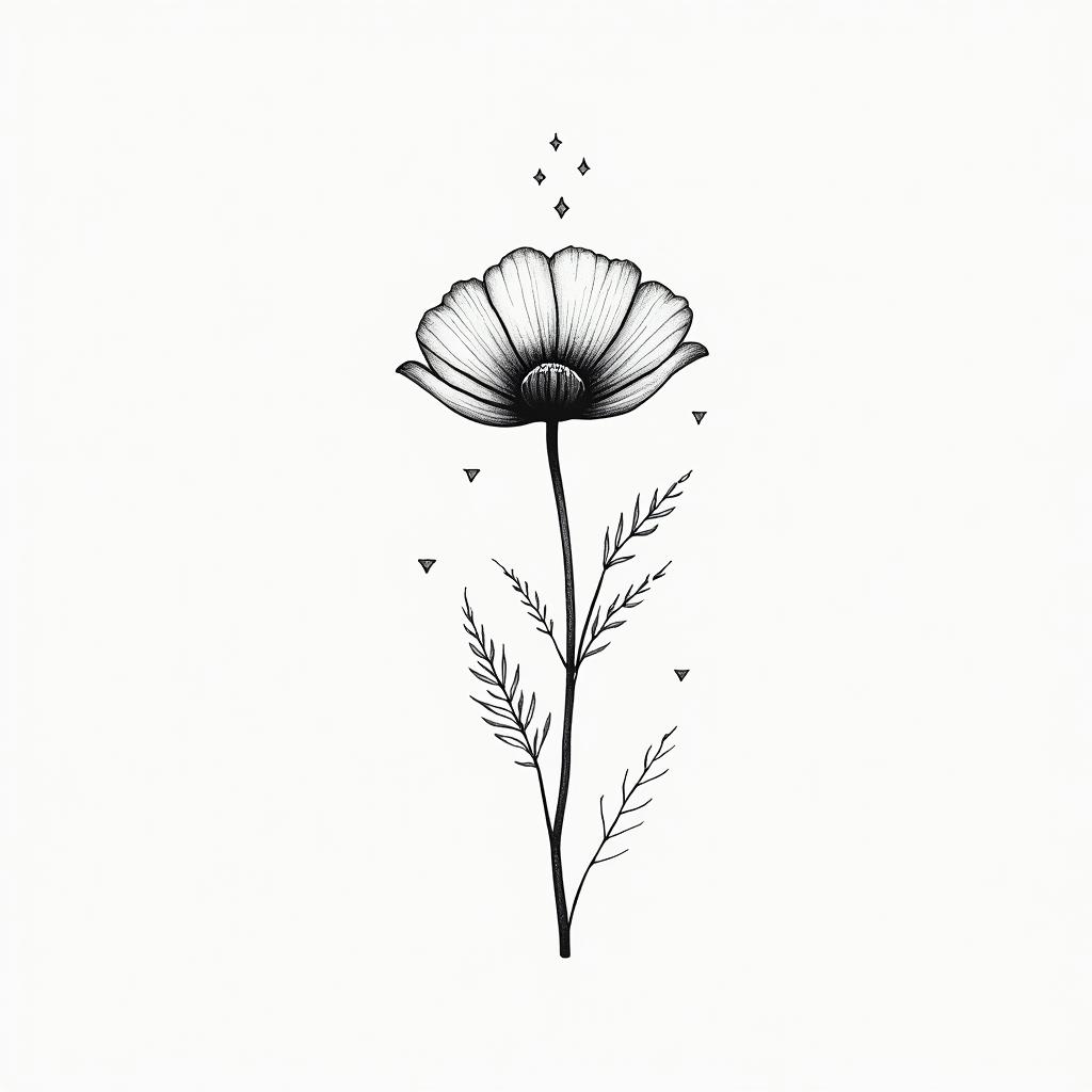 Poppy flower bouquetin minimalist style tattoo, featuring simple shapes and fine lines, with minimal shading and details, tiny triangles, creating a sense of balance and harmony - Variation 4