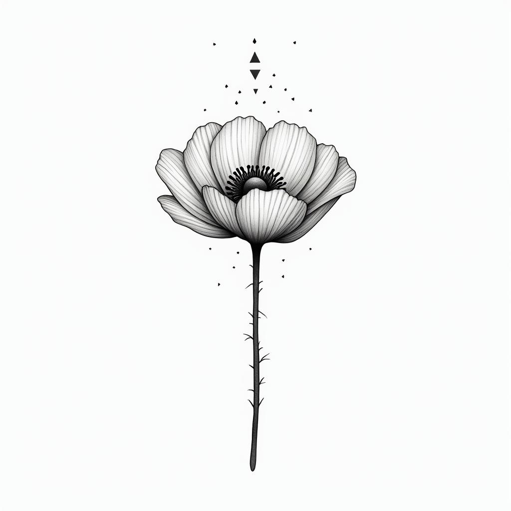 Poppy flower bouquetin minimalist style tattoo, featuring simple shapes and fine lines, with minimal shading and details, tiny triangles, creating a sense of balance and harmony - Variation 2