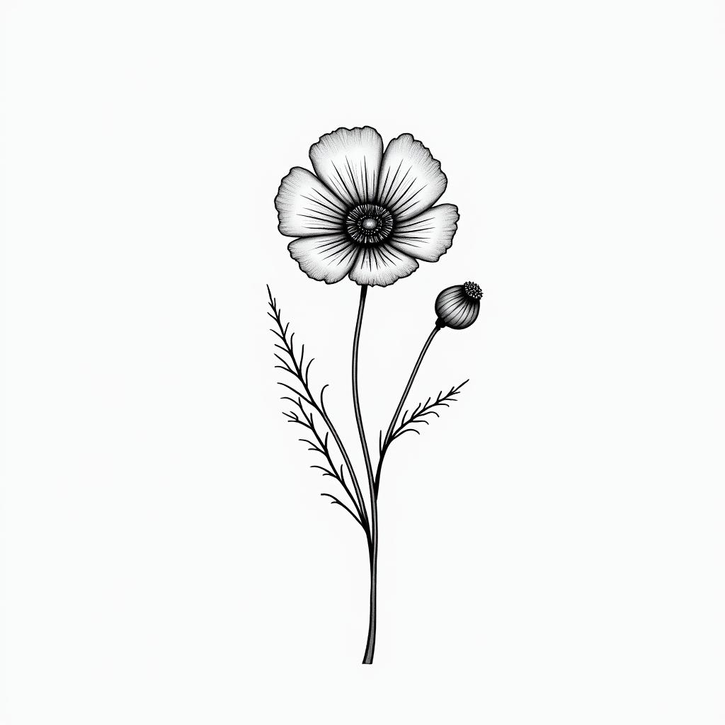 Poppy flower bouquetin minimalist style tattoo, featuring simple shapes and fine lines, with minimal shading and details, tiny triangles, creating a sense of balance and harmony