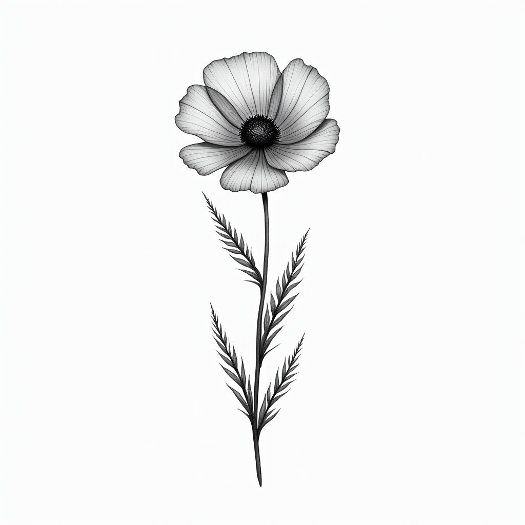 Poppy flower bouquetin minimalist style tattoo, featuring simple shapes and fine lines, with minimal shading and details, tiny triangles, creating a sense of balance and harmony - Variation 3