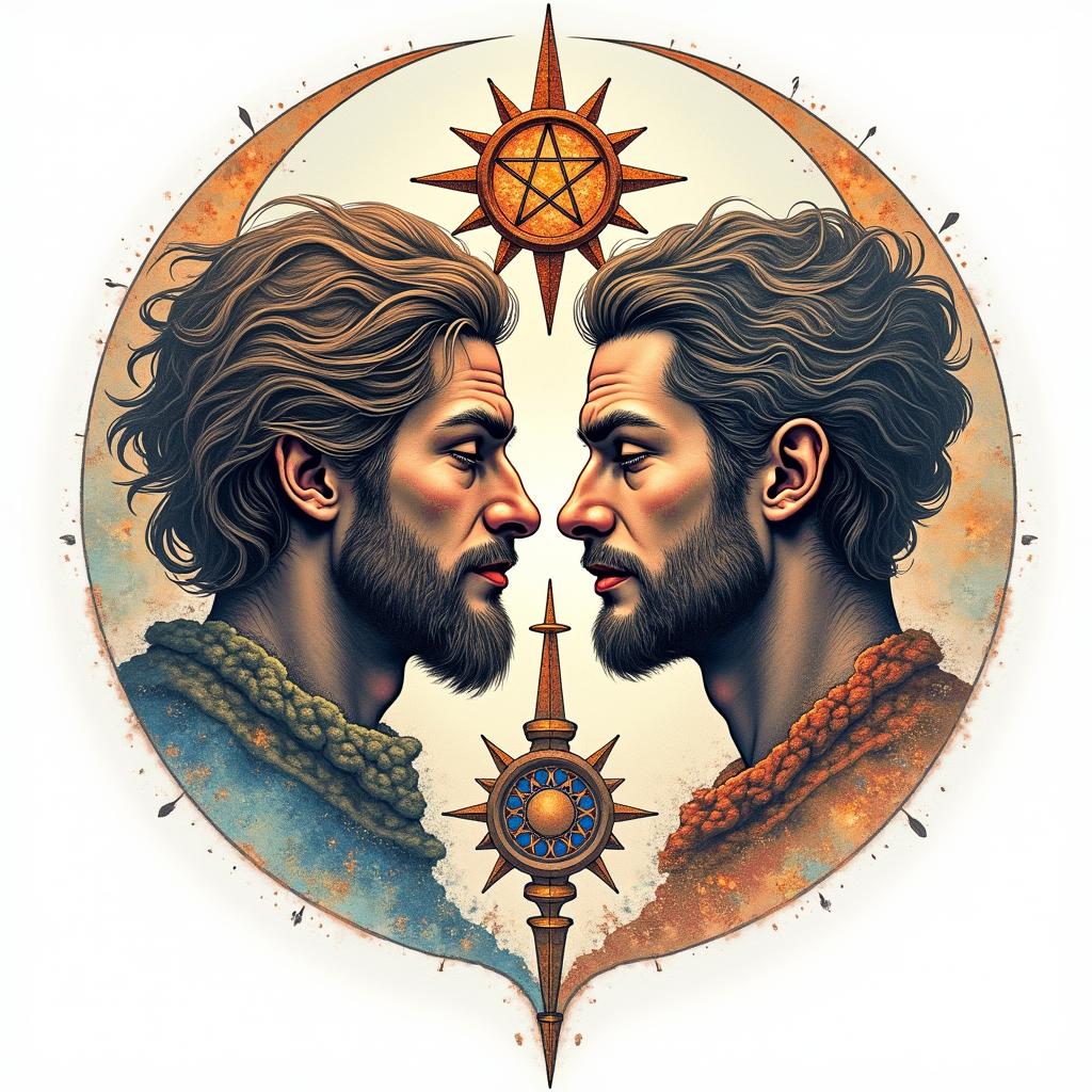 create a universe meant to be connection between two male lovers
in paganic style tattoo, featuring ancient symbols, add vegvisir symbol, mystical figures, incorporating designs, pentagrams, runes, crescent moons, - Variation 1