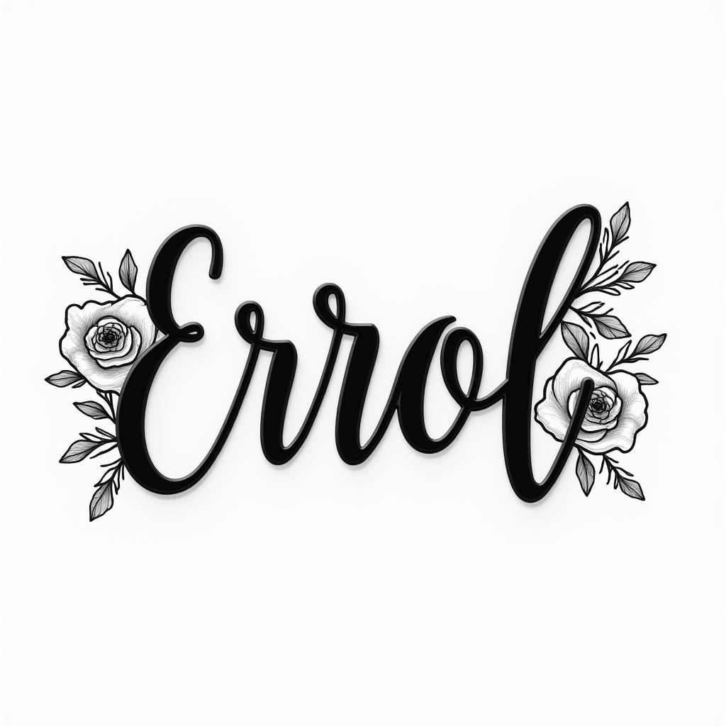 Errol, flowers and butterfly’sin elegant cursive calligraphy style 2d tattoo, decorate with roses, featuring a smooth and flowing handwritten script with slightly thickened strokes for a luxurious and bold appearance,  heart symbol between names,  sleek and glossy black text with shadowing, minimalist matte white background, clean and sharp edges, illuminated with soft lighting, romantic, 8k, high-quality textures with refined typography - Variation 4