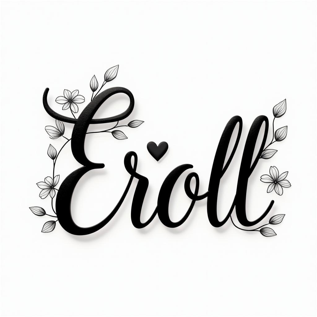 Errol, flowers and butterfly’sin elegant cursive calligraphy style 2d tattoo, decorate with roses, featuring a smooth and flowing handwritten script with slightly thickened strokes for a luxurious and bold appearance,  heart symbol between names,  sleek and glossy black text with shadowing, minimalist matte white background, clean and sharp edges, illuminated with soft lighting, romantic, 8k, high-quality textures with refined typography - Variation 3