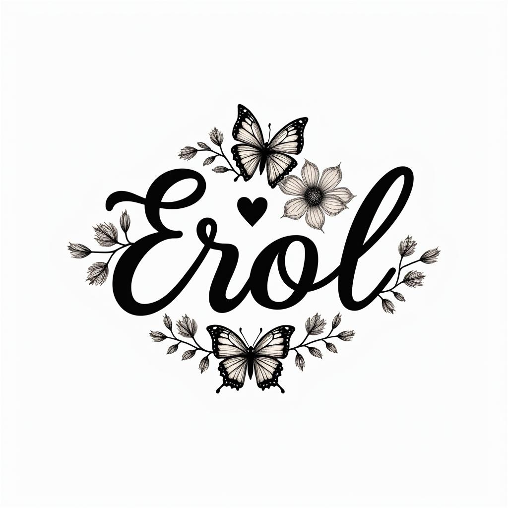 Errol, flowers and butterfly’sin elegant cursive calligraphy style 2d tattoo, decorate with roses, featuring a smooth and flowing handwritten script with slightly thickened strokes for a luxurious and bold appearance,  heart symbol between names,  sleek and glossy black text with shadowing, minimalist matte white background, clean and sharp edges, illuminated with soft lighting, romantic, 8k, high-quality textures with refined typography - Variation 2