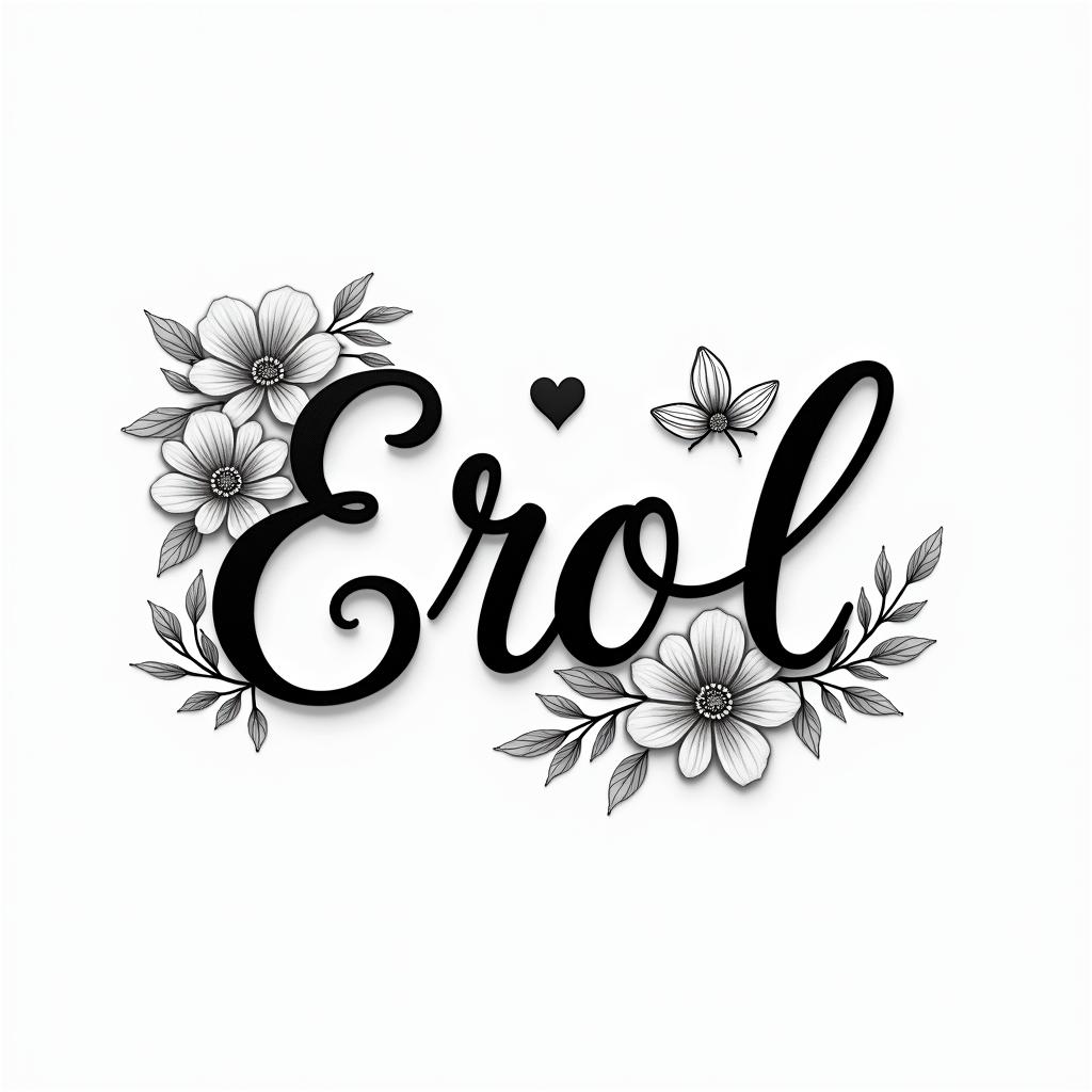Errol, flowers and butterfly’sin elegant cursive calligraphy style 2d tattoo, decorate with roses, featuring a smooth and flowing handwritten script with slightly thickened strokes for a luxurious and bold appearance,  heart symbol between names,  sleek and glossy black text with shadowing, minimalist matte white background, clean and sharp edges, illuminated with soft lighting, romantic, 8k, high-quality textures with refined typography