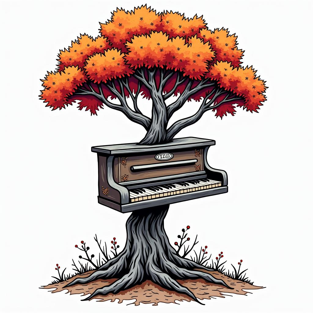 Piano fused with treein pop art style tattoo, featuring bold and vibrant colors, exaggerated outlines, iconic imagery, inspired by comic books and speech bubbles, comic book characters, retro pop culture - Variation 7