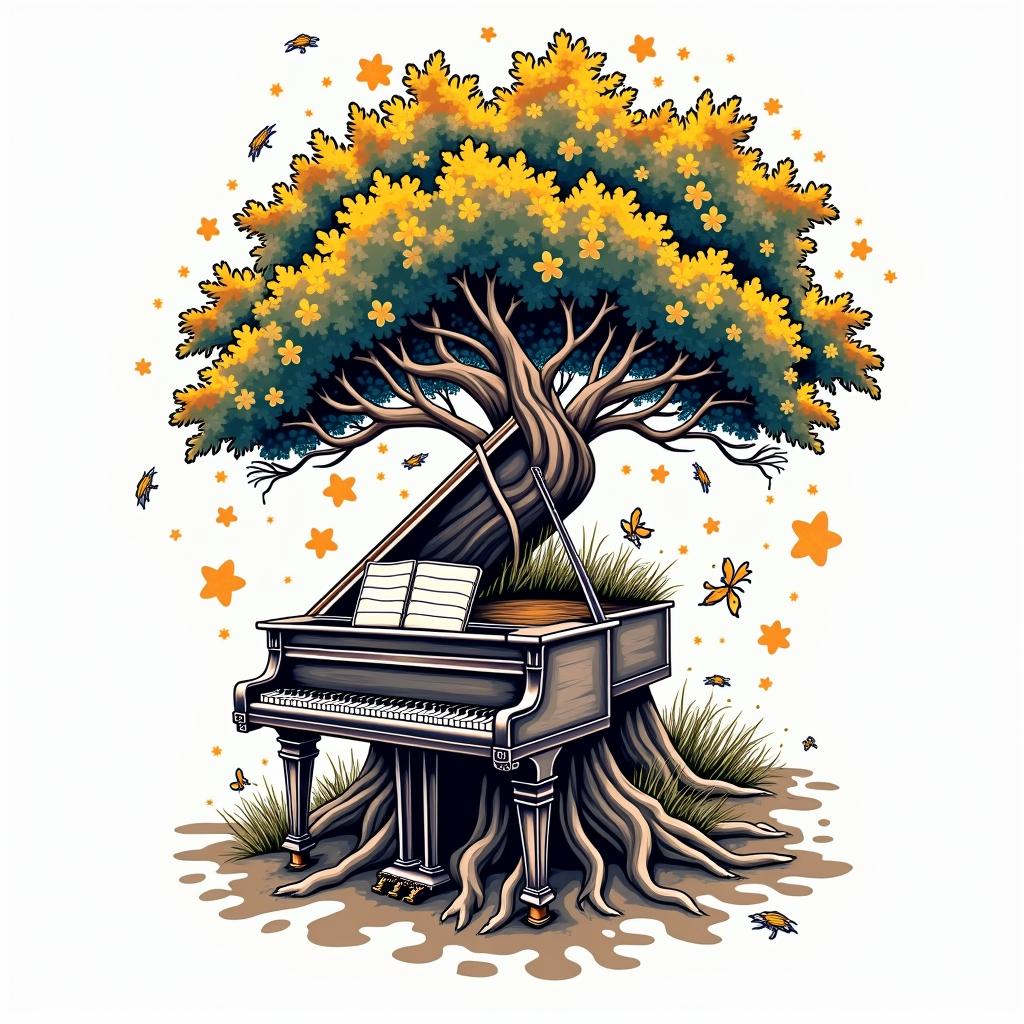 Piano fused with treein pop art style tattoo, featuring bold and vibrant colors, exaggerated outlines, iconic imagery, inspired by comic books and speech bubbles, comic book characters, retro pop culture - Variation 8
