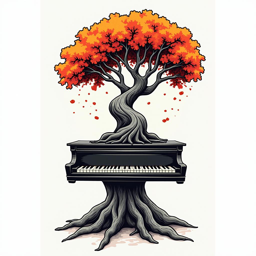 Piano fused with treein pop art style tattoo, featuring bold and vibrant colors, exaggerated outlines, iconic imagery, inspired by comic books and speech bubbles, comic book characters, retro pop culture - Variation 6