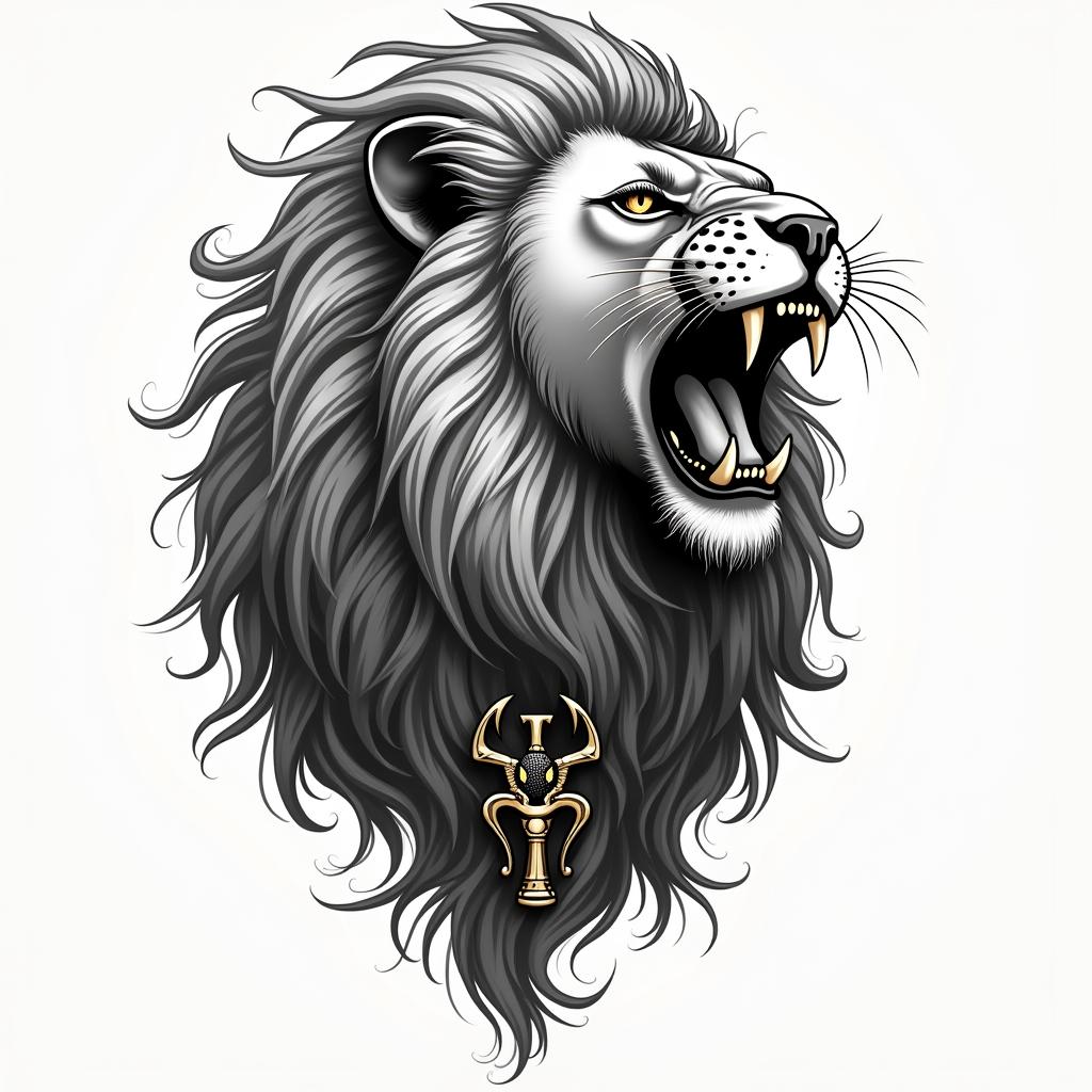 Roaring lion with flowing manein egyptian style tattoo, bold elements of ancient egyptian culture including a portrait of an Egyptian pharaoh with detailed facial features, in hieroglyphs and symbolic imagery, eye of horus, ankh symbol, scarab beetle - Variation 2