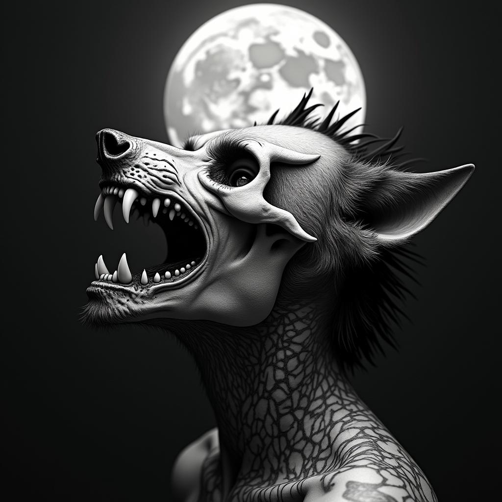 Howling wolf under the full mooncreepy horror tattoo style, featuring an eerie and unsettling skull of a demonic creature, distorted face with sharp fangs, add pentagram symbol - Variation 3