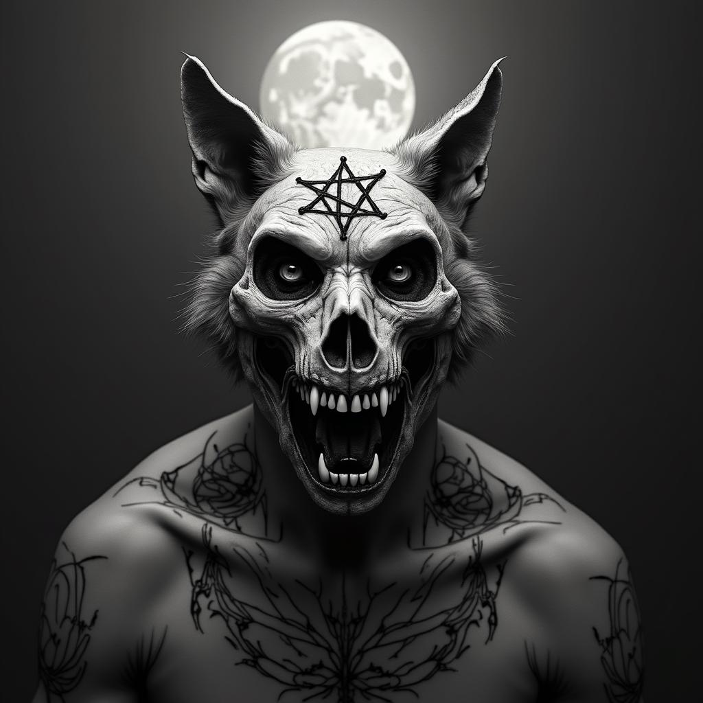 Howling wolf under the full mooncreepy horror tattoo style, featuring an eerie and unsettling skull of a demonic creature, distorted face with sharp fangs, add pentagram symbol
