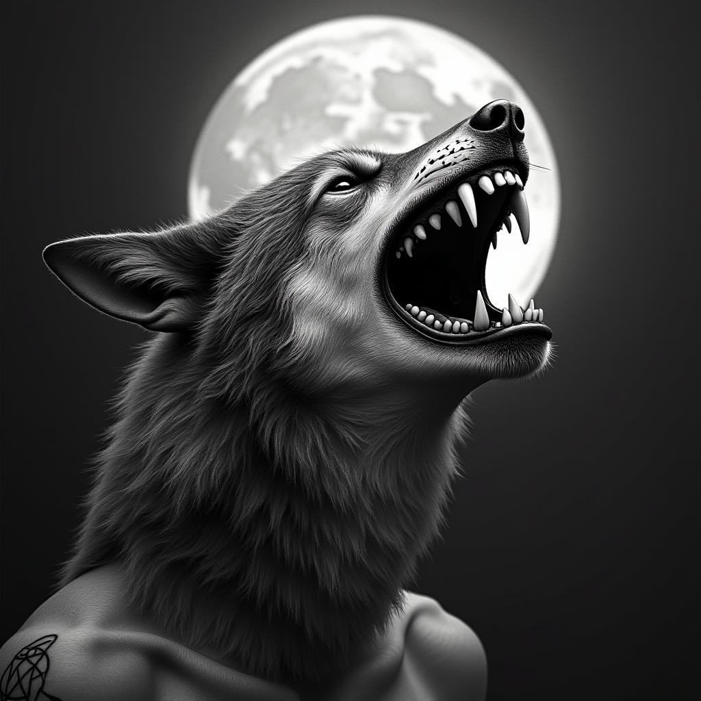 Howling wolf under the full mooncreepy horror tattoo style, featuring an eerie and unsettling skull of a demonic creature, distorted face with sharp fangs, add pentagram symbol - Variation 4