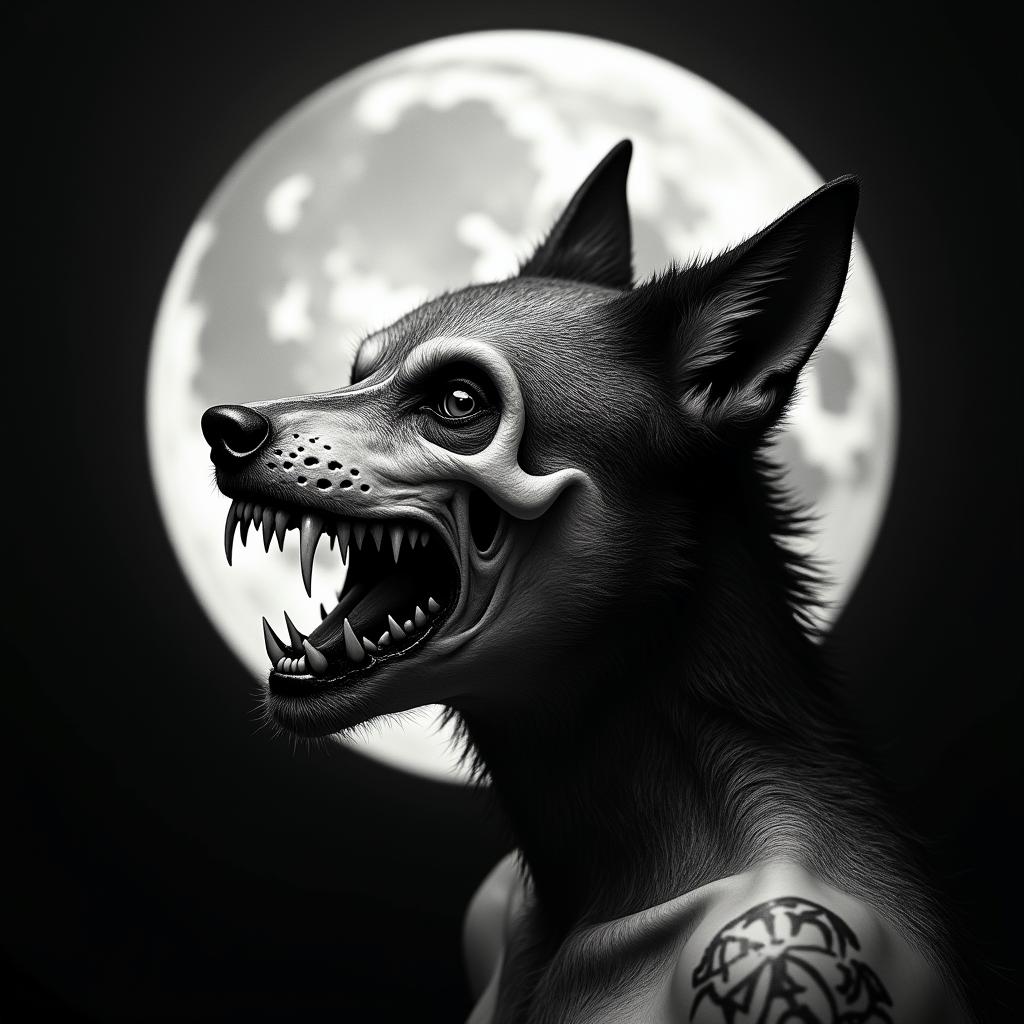 Howling wolf under the full mooncreepy horror tattoo style, featuring an eerie and unsettling skull of a demonic creature, distorted face with sharp fangs, add pentagram symbol - Variation 2