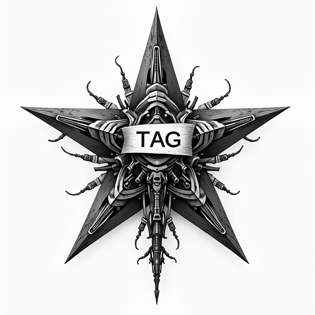 Star with a banner with the initials TAGtattoo in biomechanic style, the tattoo covered by robotic elements of futuristic cyberpunk design, robotic features detail, showcasing intricate mechanical components