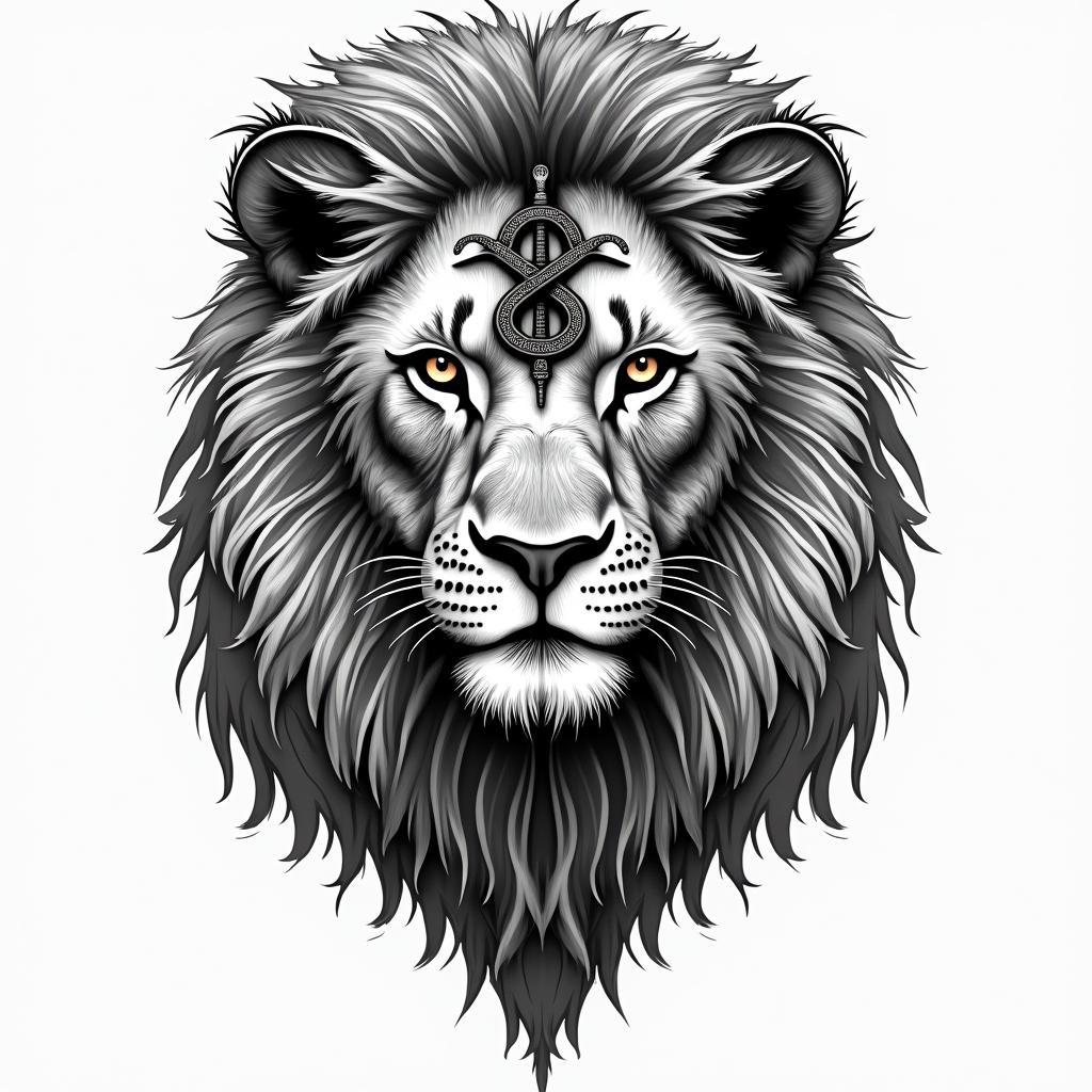 Lion, mystical, with a witch's knot on its forehead, penetrating gaze, in many colors.in new school tattoo, pop culture, modern, detailed tattoo, illustrative - Variation 4