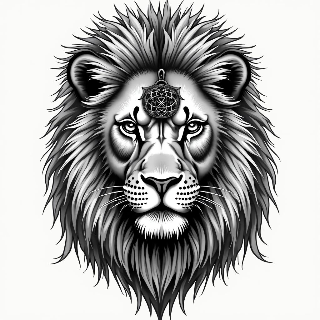 Lion, mystical, with a witch's knot on its forehead, penetrating gaze, in many colors.in new school tattoo, pop culture, modern, detailed tattoo, illustrative