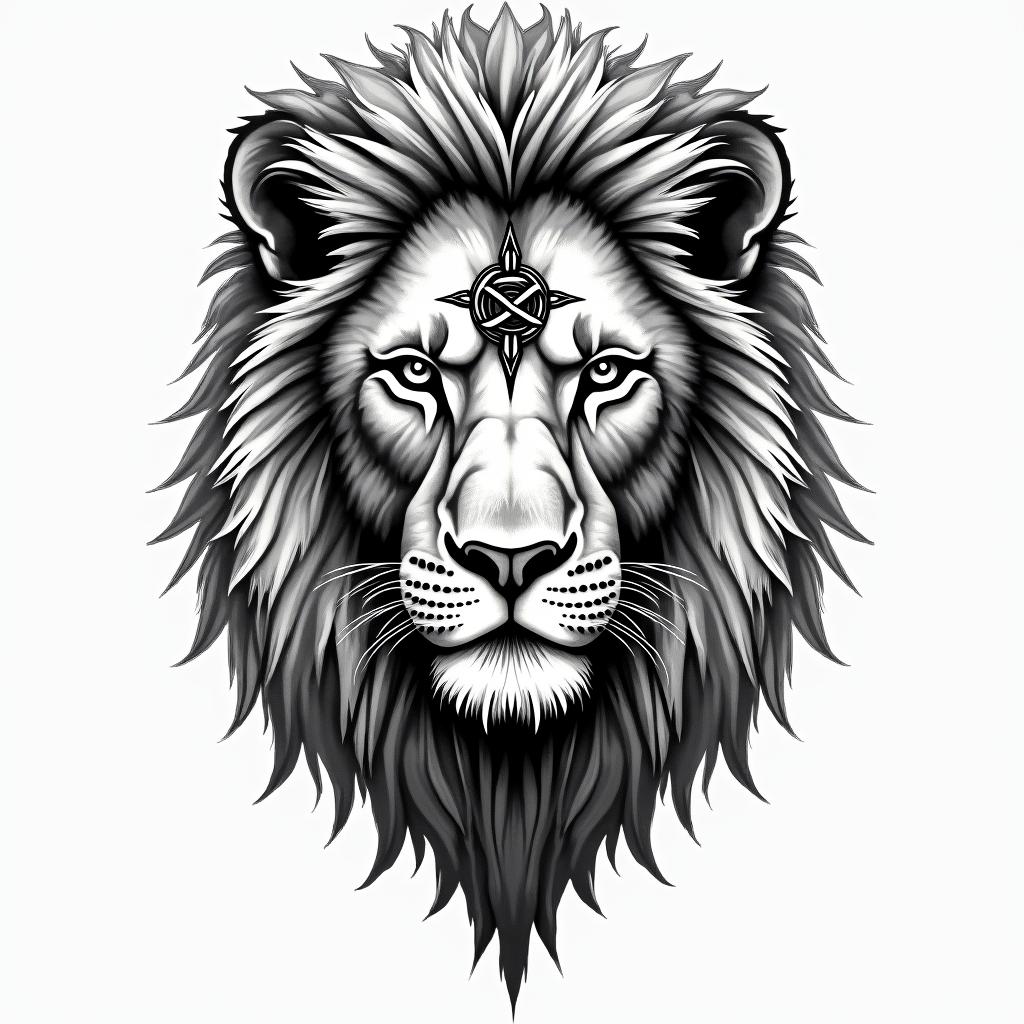 Lion, mystical, with a witch's knot on its forehead, penetrating gaze, in many colors.in new school tattoo, pop culture, modern, detailed tattoo, illustrative - Variation 3