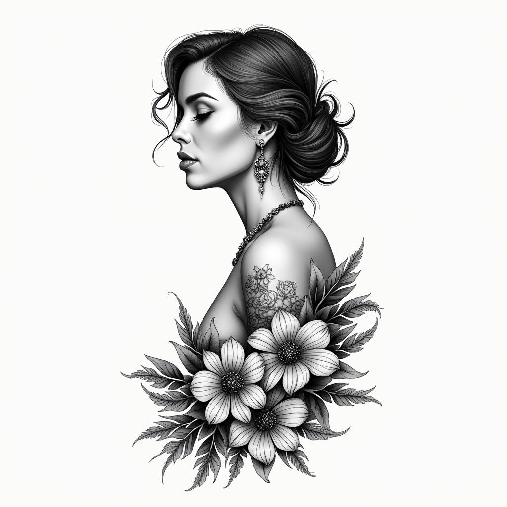 Floral side coxa with bottom wheels. Include the image of Maria Padilha with a fan. Thinner at the ends.higly detailed tattoo - Variation 3