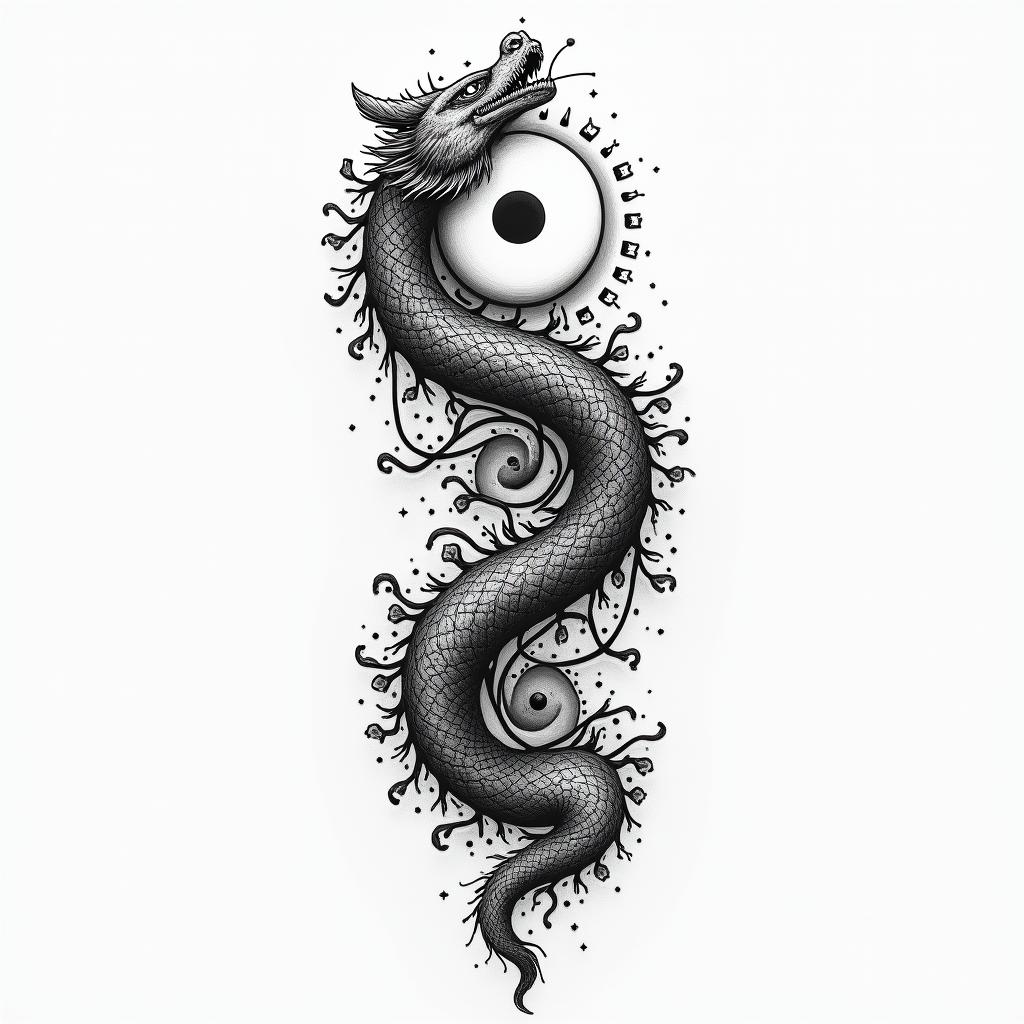 Flowing water, enlightened soul, moon,dragon, 88, cosmic vibration, strength, lovein spiritual symbols tattoo style, featuring an intricate design incorporating elements, Hamsa hand, third eye, minimalist composition - Variation 2