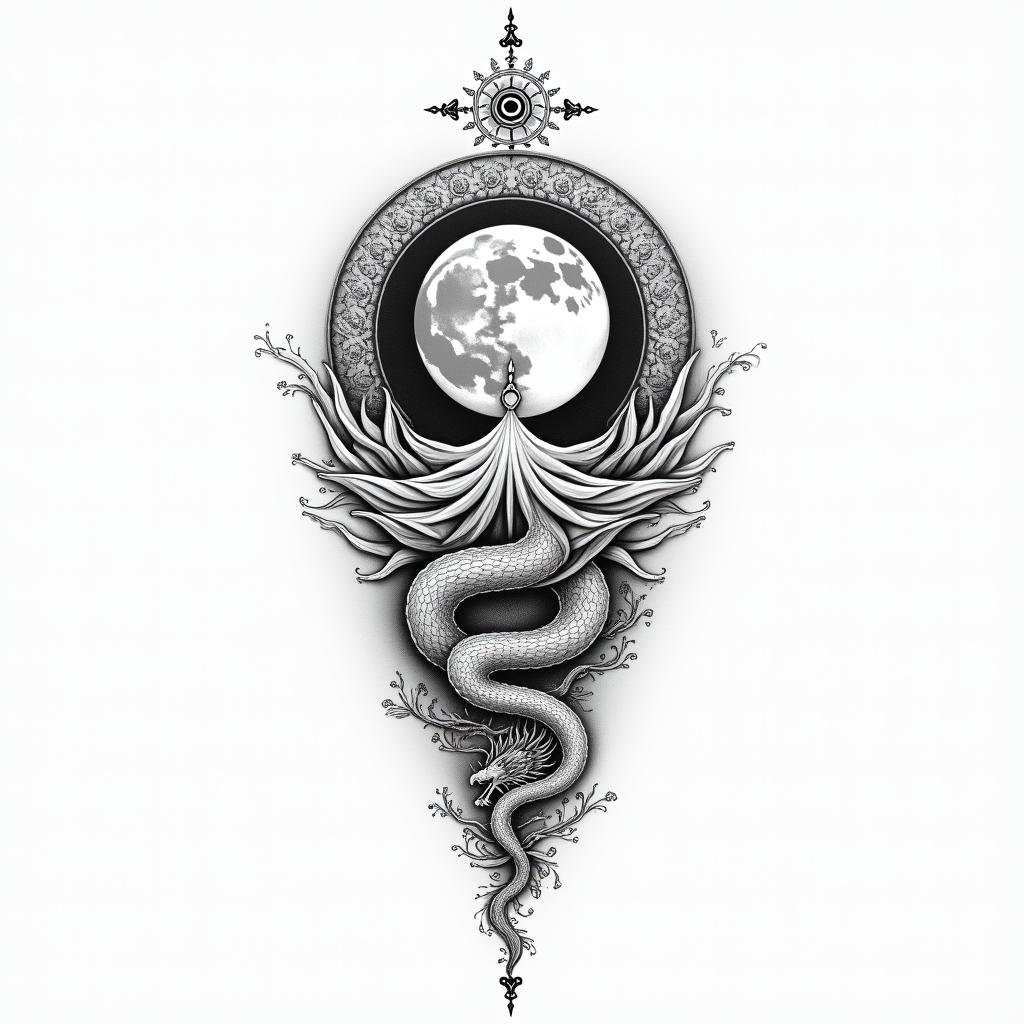 Flowing water, enlightened soul, moon,dragon, 88, cosmic vibration, strength, lovein spiritual symbols tattoo style, featuring an intricate design incorporating elements, Hamsa hand, third eye, minimalist composition