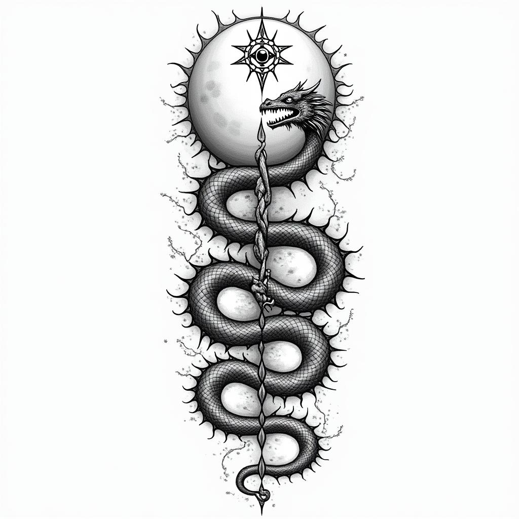Flowing water, enlightened soul, moon,dragon, 88, cosmic vibration, strength, lovein spiritual symbols tattoo style, featuring an intricate design incorporating elements, Hamsa hand, third eye, minimalist composition - Variation 3