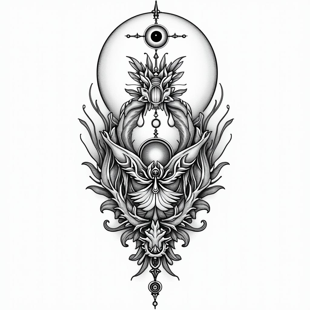 Flowing water, enlightened soul, moon,dragon, 88, cosmic vibration, strength, lovein spiritual symbols tattoo style, featuring an intricate design incorporating elements, Hamsa hand, third eye, minimalist composition - Variation 4