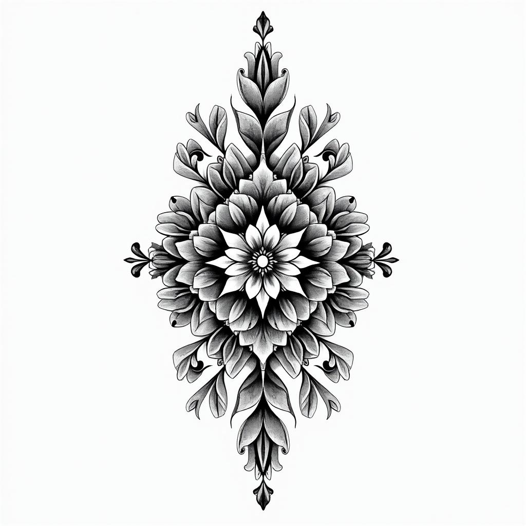 Modernin ornamental tattoo style, featuring intricate symmetrical patterns and floral designs, showcasing highly detailed line work and geometric shapes, creating a sense of elegance and balance - Variation 4