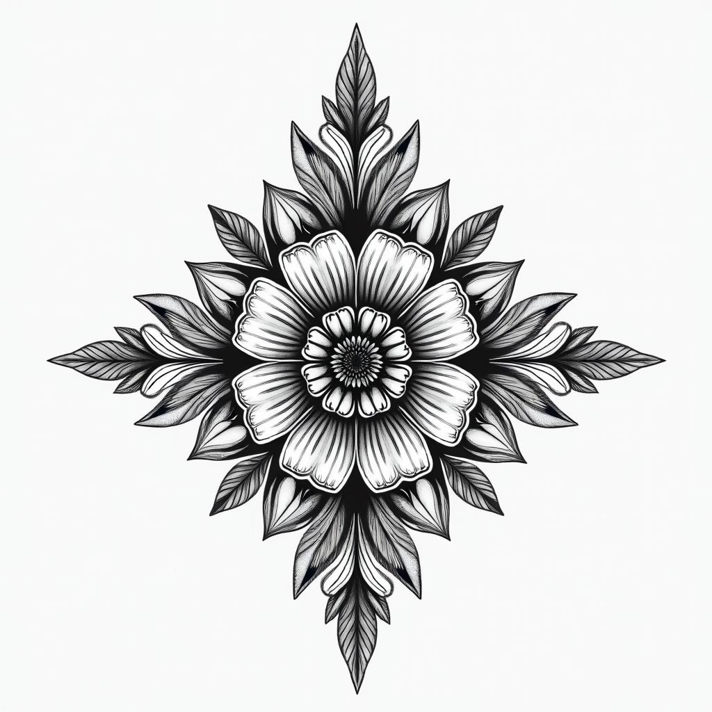 Modernin ornamental tattoo style, featuring intricate symmetrical patterns and floral designs, showcasing highly detailed line work and geometric shapes, creating a sense of elegance and balance - Variation 3