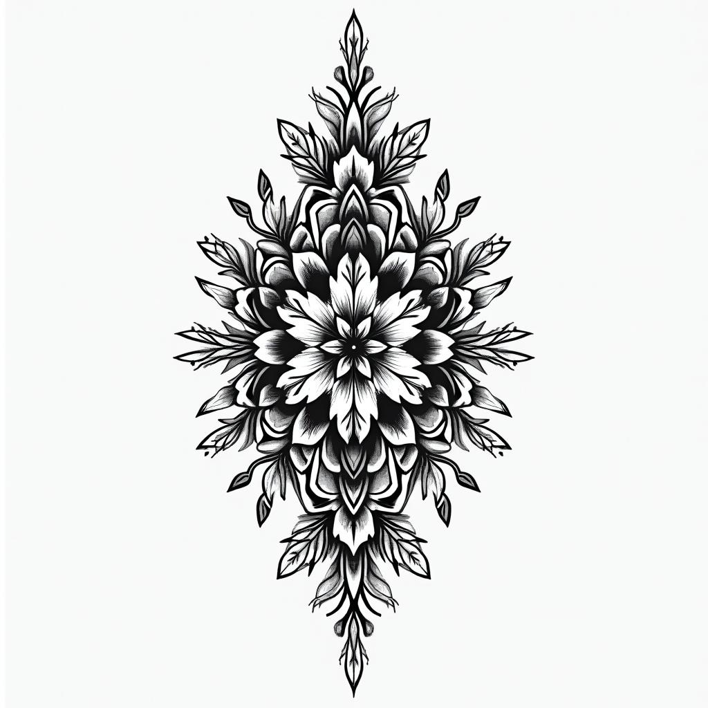 Modernin ornamental tattoo style, featuring intricate symmetrical patterns and floral designs, showcasing highly detailed line work and geometric shapes, creating a sense of elegance and balance - Variation 2