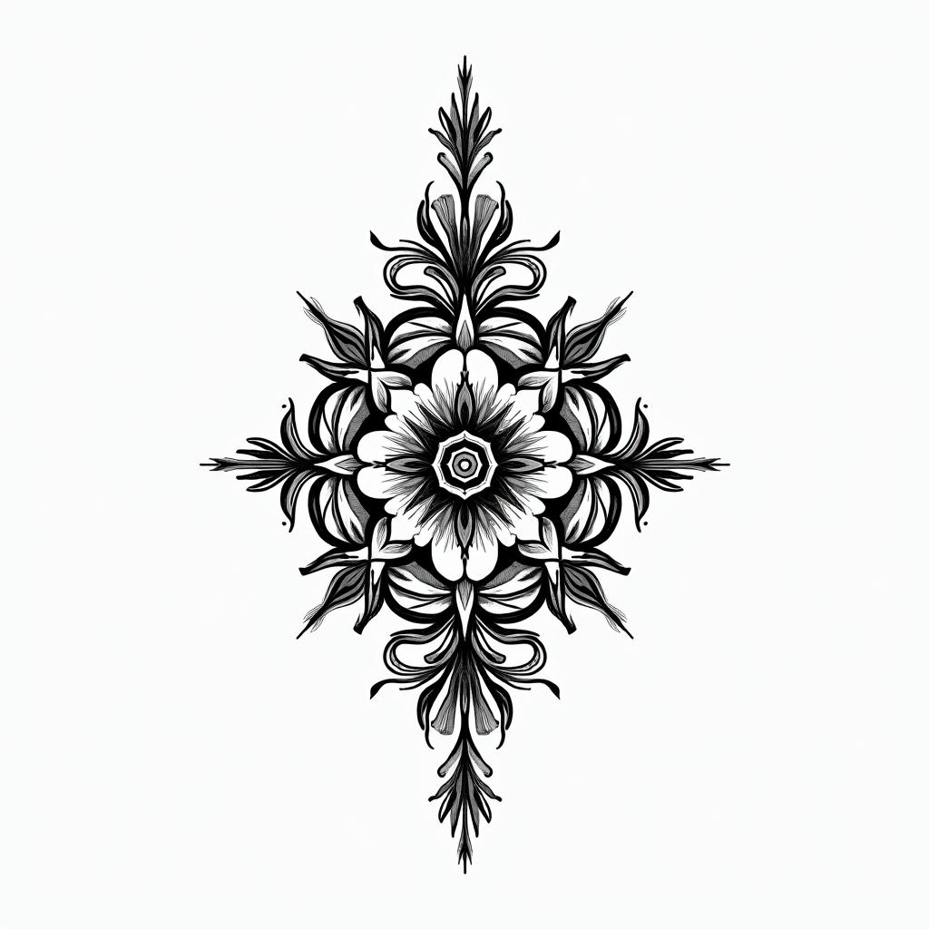 Modernin ornamental tattoo style, featuring intricate symmetrical patterns and floral designs, showcasing highly detailed line work and geometric shapes, creating a sense of elegance and balance