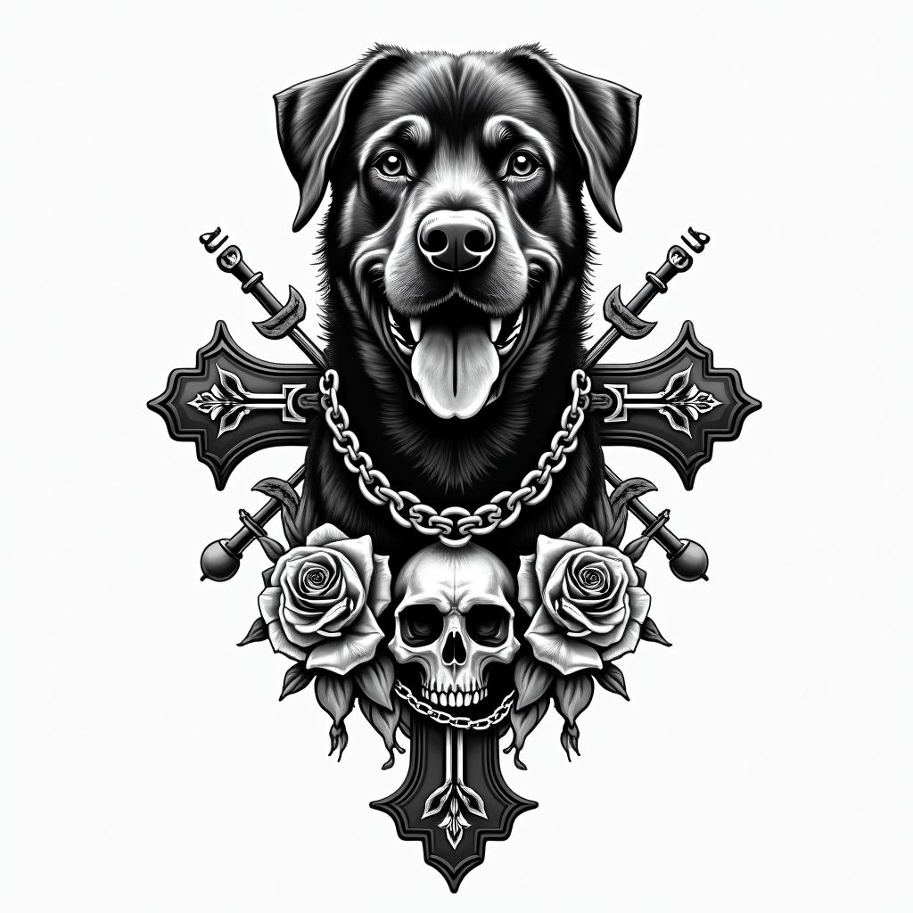 Samuele, half English and half Italian with a Rottweiler.in chicano style tattoo, featuring intricate black and grey shading, bold elements of traditional chicano culture symbols, add a big cross with skull, chains and roses - Variation 3