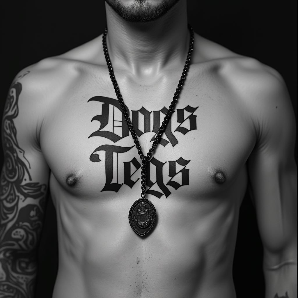 Dog Tagstext-based tattoo, gothic font ultra-realistic, perfectly placed, high-quality font design, photo-realistic shading, 8k, high quality, finely detailed typography - Variation 2
