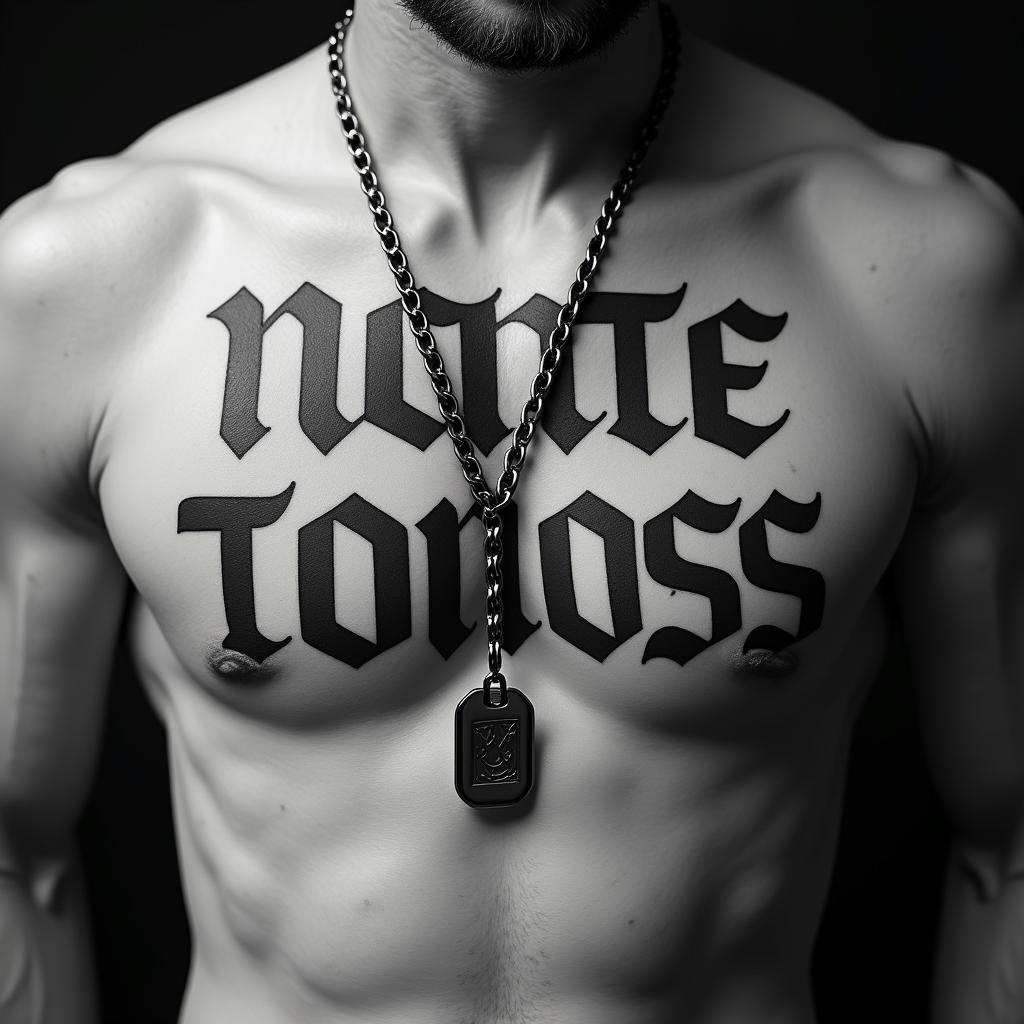 Dog Tagstext-based tattoo, gothic font ultra-realistic, perfectly placed, high-quality font design, photo-realistic shading, 8k, high quality, finely detailed typography
