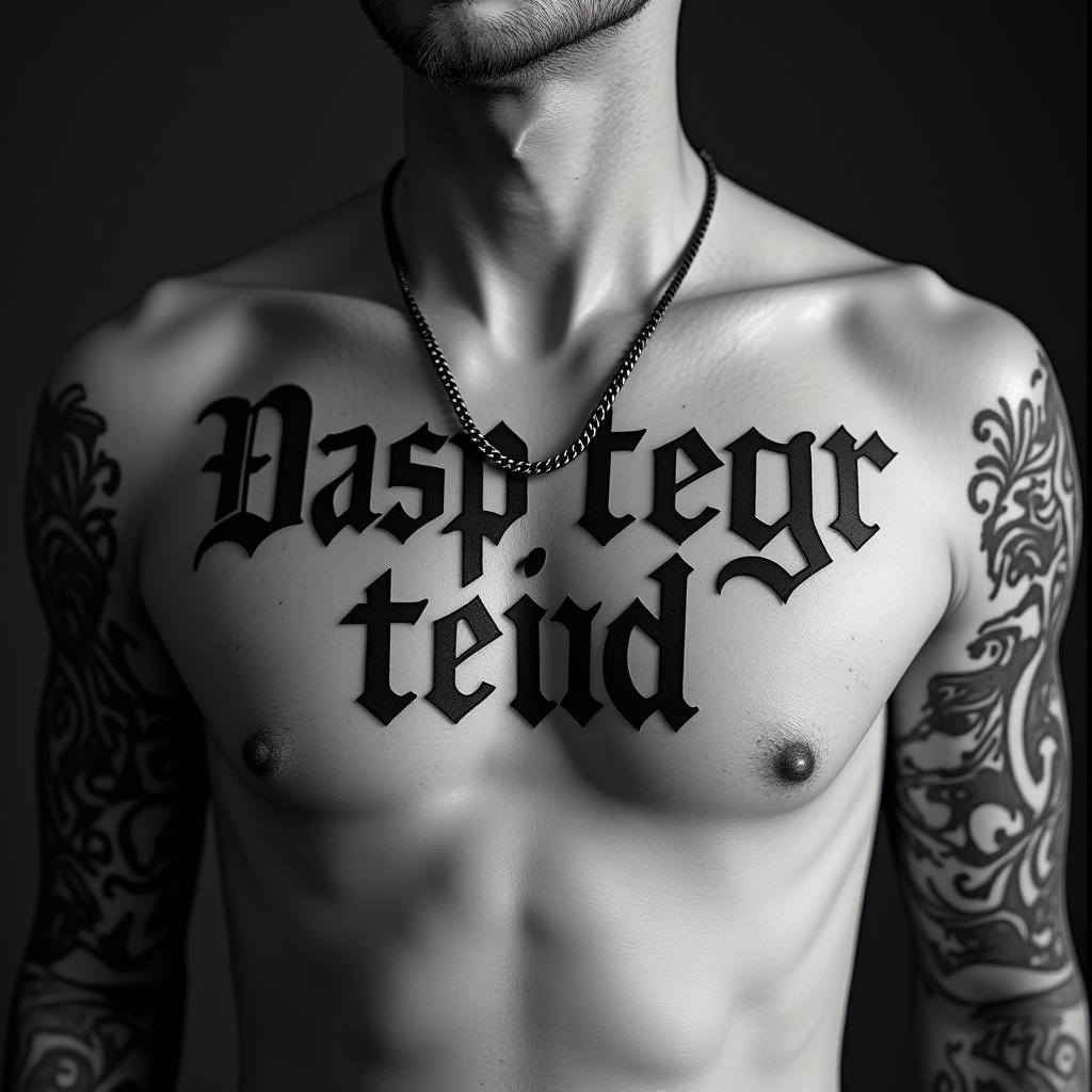 Dog Tagstext-based tattoo, gothic font ultra-realistic, perfectly placed, high-quality font design, photo-realistic shading, 8k, high quality, finely detailed typography - Variation 4