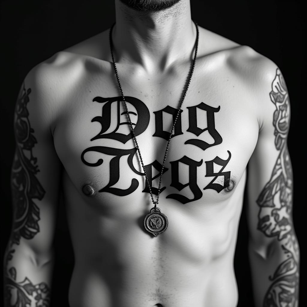 Dog Tagstext-based tattoo, gothic font ultra-realistic, perfectly placed, high-quality font design, photo-realistic shading, 8k, high quality, finely detailed typography - Variation 3