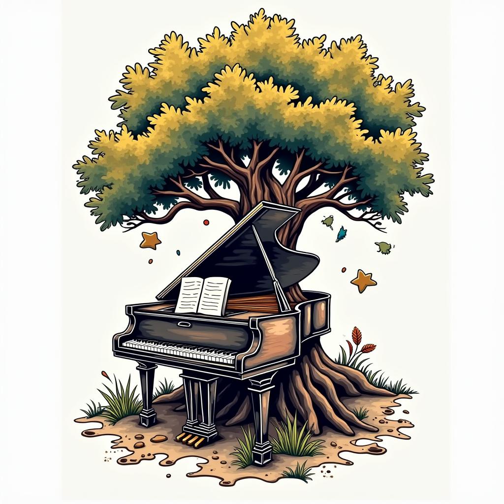 Piano fused with treein pop art style tattoo, featuring bold and vibrant colors, exaggerated outlines, iconic imagery, inspired by comic books and speech bubbles, comic book characters, retro pop culture - Variation 1