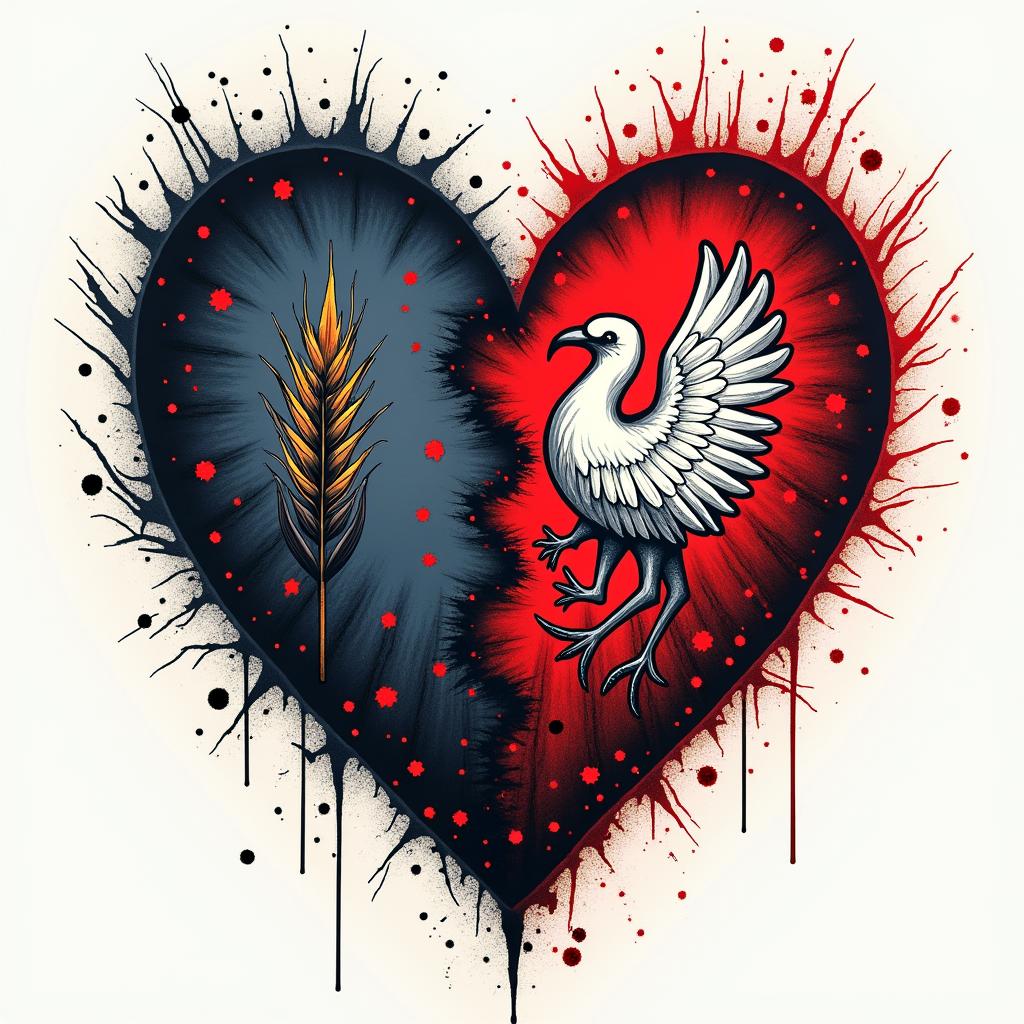 Here is a detailed description of a tattoo composition in the Trash Polka style that combines the symbolism of Ukraine and Poland in the concept of "Two Hearts / Two Lands":
---
### Composition Concept
- **Central Element:**
Two interwoven or divided stylized hearts symbolize the dichotomy between desires, home, past and future (Ukraine) and reality, present, shelter (Poland). The shape of the hearts can be dynamic, depicted with clearly contrasting strokes characteristic of Trash Polka.
- **Ukrainian Half:**
- *Symbols and Details:*
Here, one can use a black outline of the map of Ukraine, inside of which is realistically drawn a wheat spike (black-gray) or a cluster of viburnum with bright red berries, highlighting emotional richness.
- *Background and Atmosphere:*
The background can consist of "torn" black strokes, symbolizing memories, nostalgia, and yearning, creating a softer, almost dissolved effect.
- *Text Elements:*
One could add the word “ДІМ” (home) or “МРІЯ” (dream) in a stylized font, possibly reminiscent of the architectural forms of a well-known building in your city (for example, a fragment of the Sulowski Castle in Bielsko-Biała).
- **Polish Half:**
- *Symbols and Details:*
This part can focus on using clearer, sharper black lines and geometric shapes that reflect the structure of reality and modernity. A key symbol is a stylized white eagle from the Polish coat of arms, set against an intensely red background (with elements of red strokes and lines).
- *Text Elements:*
In this part of the composition, the word “TERAZ” (now) or the addition of the current date/coordinates will emphasize relevance and immediacy.
- **Transition Between Halves:**
The boundary between the Ukrainian and Polish parts will be unclear, "torn," and dynamic. Flowing black splashes and sharp red lines between them will create an effect of internal conflict and tension, supporting the drama and emotional depth of the composition.
---
### Notes on Trash Polka Style
The combination of realism and abstraction characteristic of Trash Polka will ensure visual tension through the use of a monochromatic palette dominated by black and bright red accents. Contrasting, bold elements and dynamic graphic strokes will enhance the meaningful load of the composition, transforming the tattoo into a true work of art capable of conveying complex emotions and internal contradictions.
---
This concept will create a deep, symbolic tattoo, where each detail—from realistic elements to abstract strokes—tells a story about the search for balance between the past and the present, dream and reality.tattoo in biomechanic style, the tattoo covered by robotic elements of futuristic cyberpunk design, robotic features detail, showcasing intricate mechanical components - Variation 4