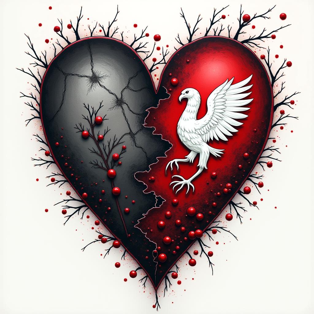 Here is a detailed description of a tattoo composition in the Trash Polka style that combines the symbolism of Ukraine and Poland in the concept of "Two Hearts / Two Lands":

---

### Composition Concept

- **Central Element:**  
  Two interwoven or divided stylized hearts symbolize the dichotomy between desires, home, past and future (Ukraine) and reality, present, shelter (Poland). The shape of the hearts can be dynamic, depicted with clearly contrasting strokes characteristic of Trash Polka.

- **Ukrainian Half:**  
  - *Symbols and Details:*  
    Here, one can use a black outline of the map of Ukraine, inside of which is realistically drawn a wheat spike (black-gray) or a cluster of viburnum with bright red berries, highlighting emotional richness.  
  - *Background and Atmosphere:*  
    The background can consist of "torn" black strokes, symbolizing memories, nostalgia, and yearning, creating a softer, almost dissolved effect.  
  - *Text Elements:*  
    One could add the word “ДІМ” (home) or “МРІЯ” (dream) in a stylized font, possibly reminiscent of the architectural forms of a well-known building in your city (for example, a fragment of the Sulowski Castle in Bielsko-Biała).  

- **Polish Half:**  
  - *Symbols and Details:*  
    This part can focus on using clearer, sharper black lines and geometric shapes that reflect the structure of reality and modernity. A key symbol is a stylized white eagle from the Polish coat of arms, set against an intensely red background (with elements of red strokes and lines).  
  - *Text Elements:*  
    In this part of the composition, the word “TERAZ” (now) or the addition of the current date/coordinates will emphasize relevance and immediacy.

- **Transition Between Halves:**  
  The boundary between the Ukrainian and Polish parts will be unclear, "torn," and dynamic. Flowing black splashes and sharp red lines between them will create an effect of internal conflict and tension, supporting the drama and emotional depth of the composition.

---

### Notes on Trash Polka Style

The combination of realism and abstraction characteristic of Trash Polka will ensure visual tension through the use of a monochromatic palette dominated by black and bright red accents. Contrasting, bold elements and dynamic graphic strokes will enhance the meaningful load of the composition, transforming the tattoo into a true work of art capable of conveying complex emotions and internal contradictions.

---

This concept will create a deep, symbolic tattoo, where each detail—from realistic elements to abstract strokes—tells a story about the search for balance between the past and the present, dream and reality.tattoo in biomechanic style, the tattoo covered by robotic elements of futuristic cyberpunk design, robotic features detail, showcasing intricate mechanical components