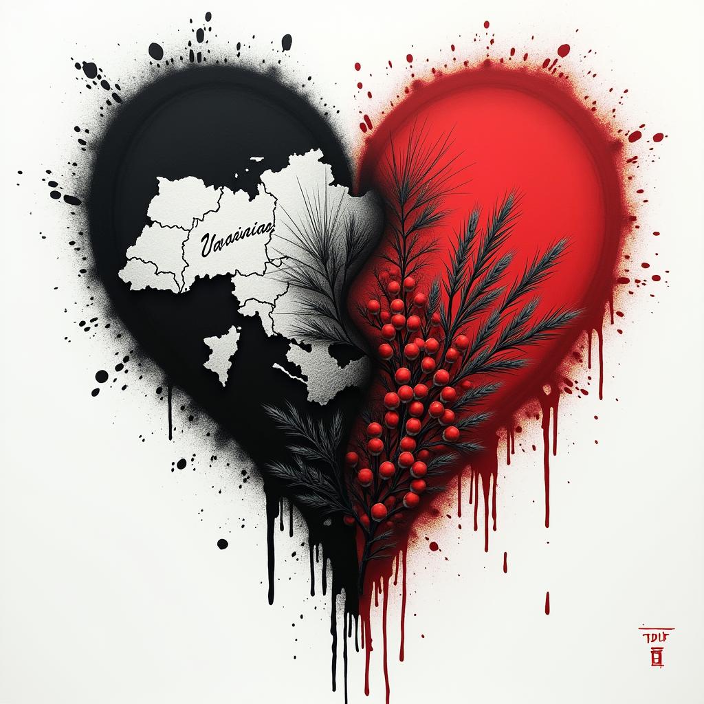 Here is a detailed description of a tattoo composition in the Trash Polka style that combines the symbolism of Ukraine and Poland in the concept of "Two Hearts / Two Lands":
---
### Composition Concept
- **Central Element:**
Two interwoven or divided stylized hearts symbolize the dichotomy between desires, home, past and future (Ukraine) and reality, present, shelter (Poland). The shape of the hearts can be dynamic, depicted with clearly contrasting strokes characteristic of Trash Polka.
- **Ukrainian Half:**
- *Symbols and Details:*
Here, one can use a black outline of the map of Ukraine, inside of which is realistically drawn a wheat spike (black-gray) or a cluster of viburnum with bright red berries, highlighting emotional richness.
- *Background and Atmosphere:*
The background can consist of "torn" black strokes, symbolizing memories, nostalgia, and yearning, creating a softer, almost dissolved effect.
- *Text Elements:*
One could add the word “ДІМ” (home) or “МРІЯ” (dream) in a stylized font, possibly reminiscent of the architectural forms of a well-known building in your city (for example, a fragment of the Sulowski Castle in Bielsko-Biała).
- **Polish Half:**
- *Symbols and Details:*
This part can focus on using clearer, sharper black lines and geometric shapes that reflect the structure of reality and modernity. A key symbol is a stylized white eagle from the Polish coat of arms, set against an intensely red background (with elements of red strokes and lines).
- *Text Elements:*
In this part of the composition, the word “TERAZ” (now) or the addition of the current date/coordinates will emphasize relevance and immediacy.
- **Transition Between Halves:**
The boundary between the Ukrainian and Polish parts will be unclear, "torn," and dynamic. Flowing black splashes and sharp red lines between them will create an effect of internal conflict and tension, supporting the drama and emotional depth of the composition.
---
### Notes on Trash Polka Style
The combination of realism and abstraction characteristic of Trash Polka will ensure visual tension through the use of a monochromatic palette dominated by black and bright red accents. Contrasting, bold elements and dynamic graphic strokes will enhance the meaningful load of the composition, transforming the tattoo into a true work of art capable of conveying complex emotions and internal contradictions.
---
This concept will create a deep, symbolic tattoo, where each detail—from realistic elements to abstract strokes—tells a story about the search for balance between the past and the present, dream and reality.tattoo in biomechanic style, the tattoo covered by robotic elements of futuristic cyberpunk design, robotic features detail, showcasing intricate mechanical components - Variation 3