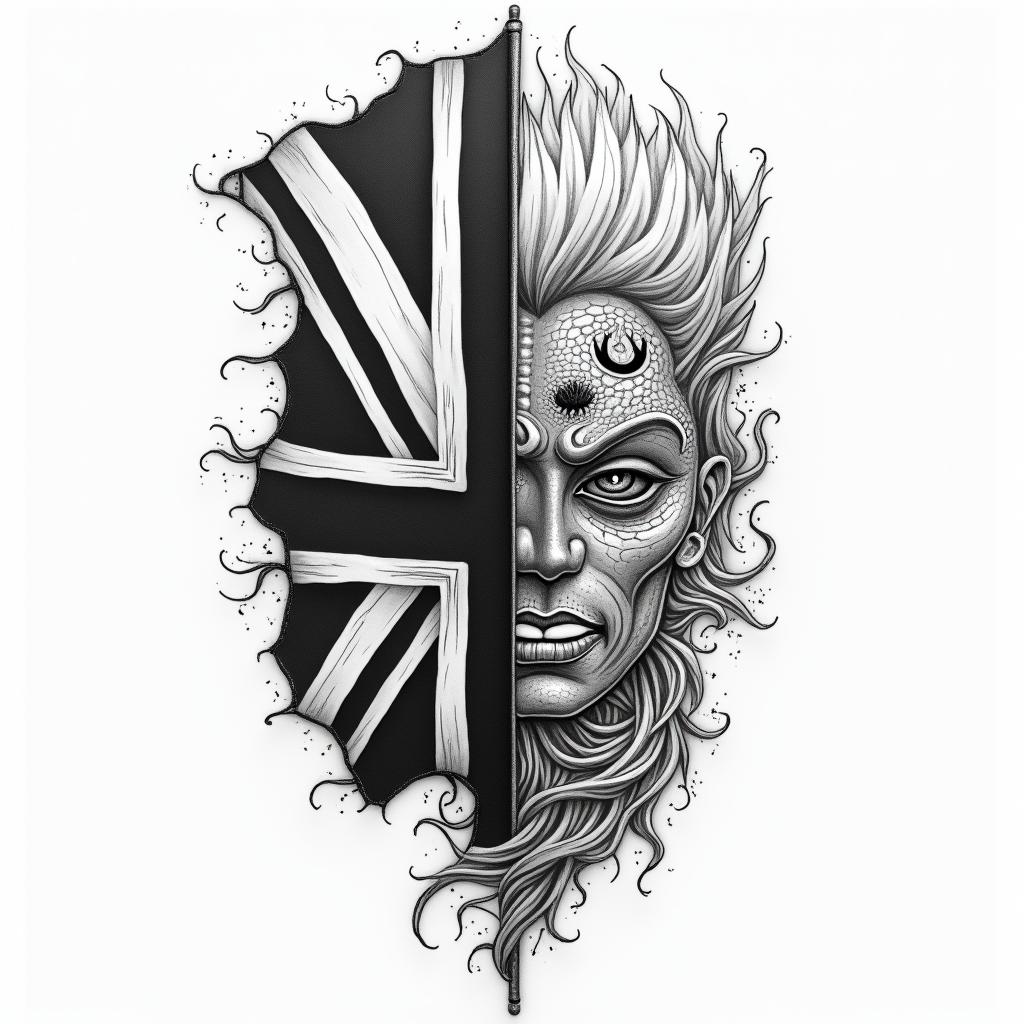 Filipino flag and great Britain flag combinationsin japanese style tattoo, detailed tattoo, traditional japanese culture tattoo, mythology, 8k - Variation 4