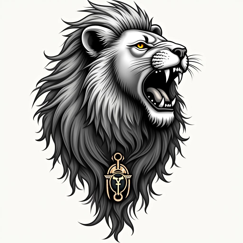 Roaring lion with flowing manein egyptian style tattoo, bold elements of ancient egyptian culture including a portrait of an Egyptian pharaoh with detailed facial features, in hieroglyphs and symbolic imagery, eye of horus, ankh symbol, scarab beetle