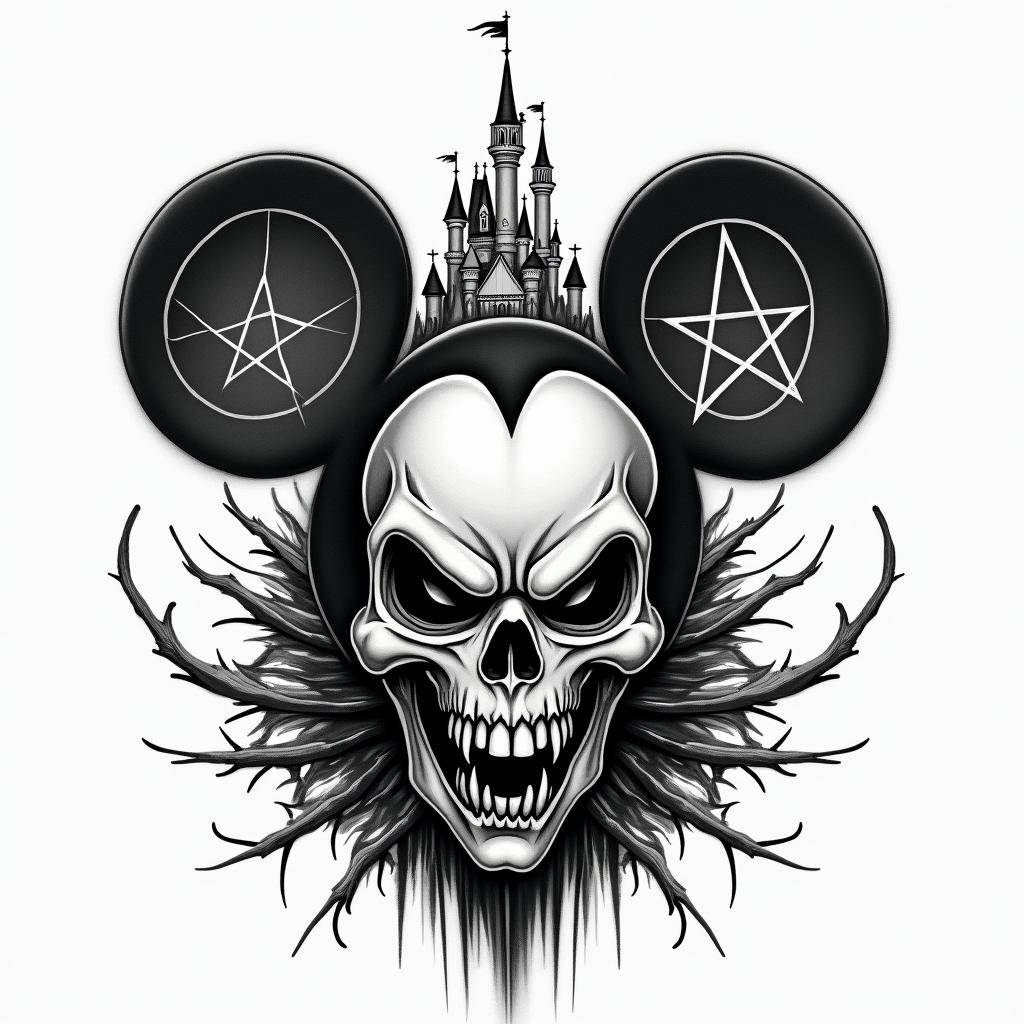 In the foreground, the Disneyland Castle in horror version and a psychopathic Mickey character between the gates.creepy horror tattoo style, featuring an eerie and unsettling skull of a demonic creature, distorted face with sharp fangs, add pentagram symbol - Variation 1