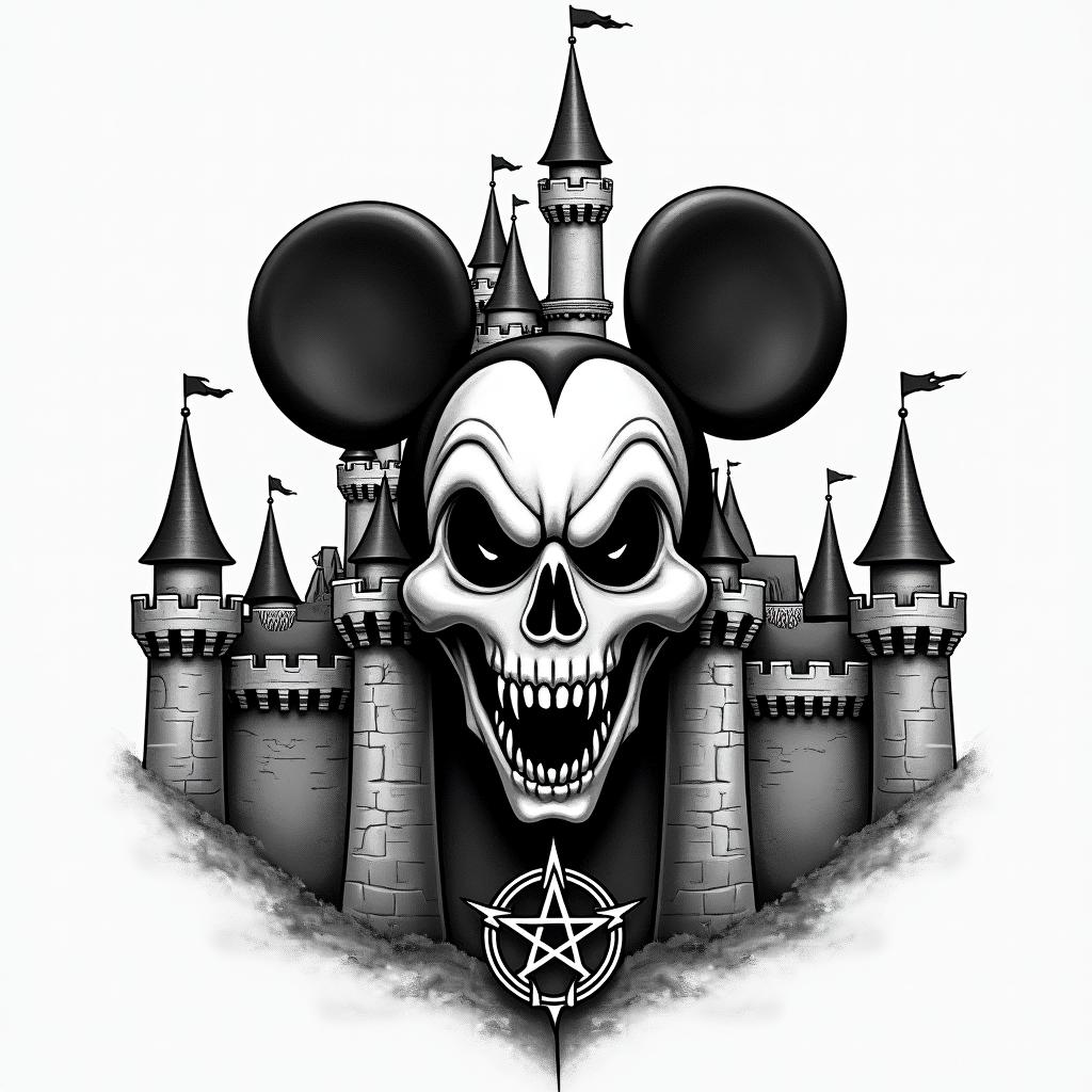 In the foreground, the Disneyland Castle in horror version and a psychopathic Mickey character between the gates.creepy horror tattoo style, featuring an eerie and unsettling skull of a demonic creature, distorted face with sharp fangs, add pentagram symbol - Variation 3
