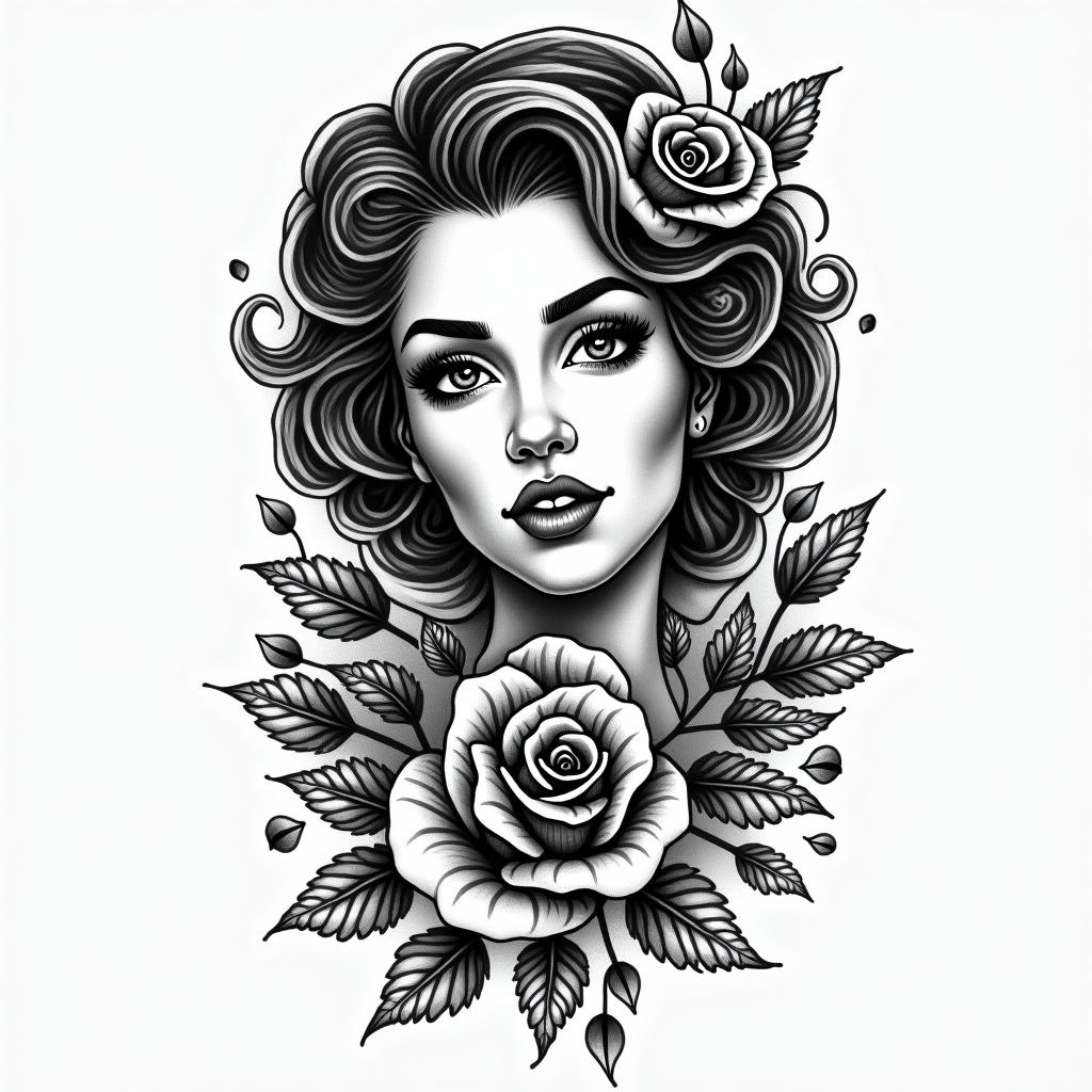 Rosain authentic tattoo style, incorporating traditional modifications, bold black outlines, solid color fills, featuring classic authentic elements